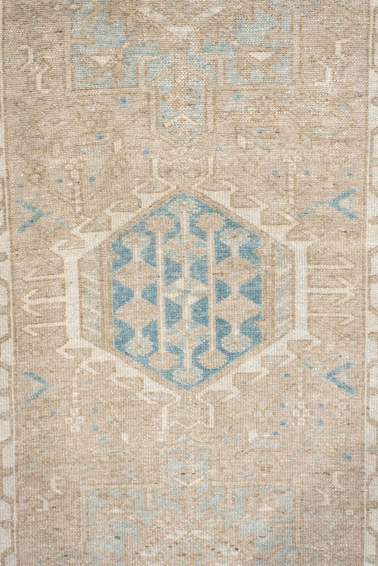 2' x 11' one-of-a-kind handmade antique Karaje runner rug. Color palette: ivory, pale blue, beige, taupe, cream, light blue