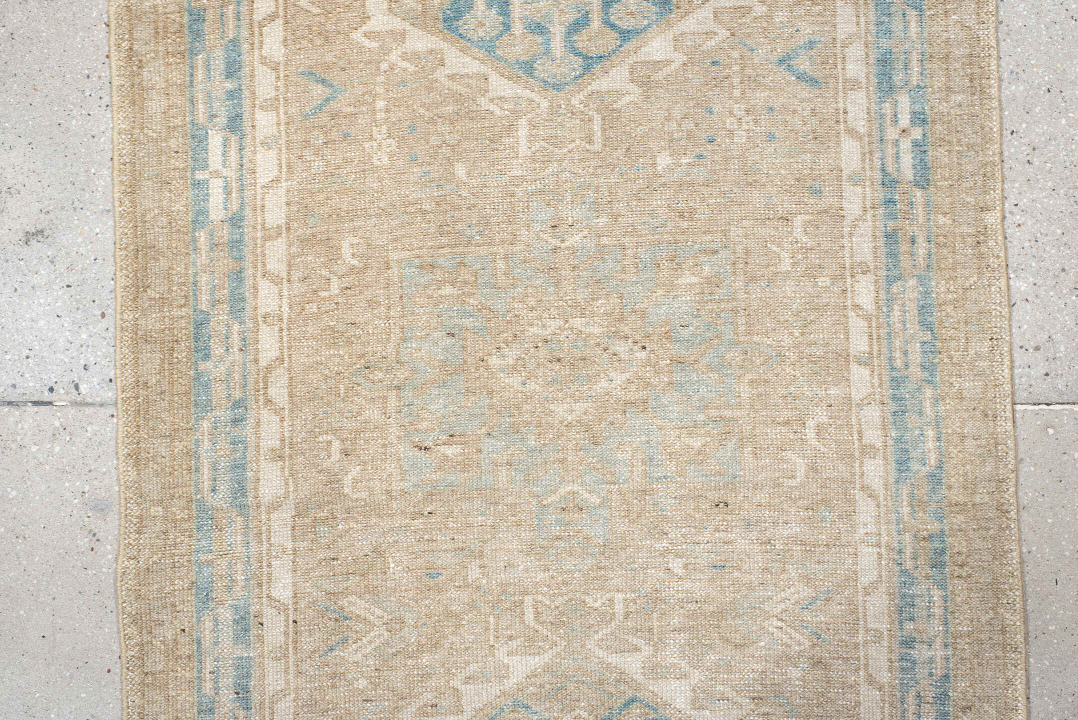 2' x 11' one-of-a-kind handmade antique Karaje runner rug. Color palette: ivory, pale blue, beige, taupe, cream, light blue