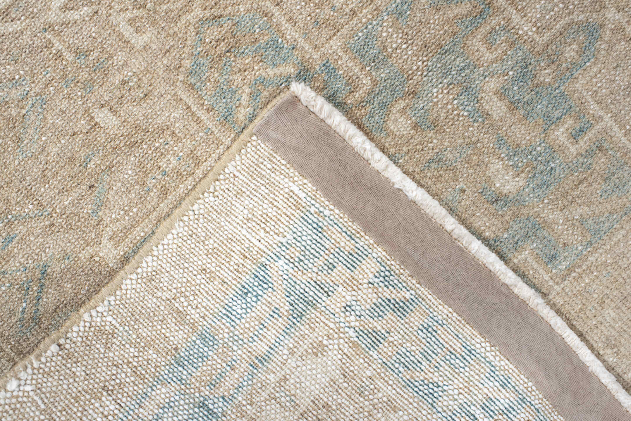 2' x 11' one-of-a-kind handmade antique Karaje runner rug. Color palette: ivory, pale blue, beige, taupe, cream, light blue