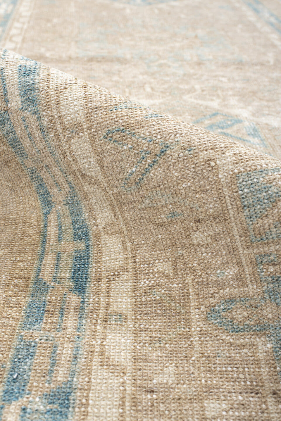 2' x 11' one-of-a-kind handmade antique Karaje runner rug. Color palette: ivory, pale blue, beige, taupe, cream, light blue