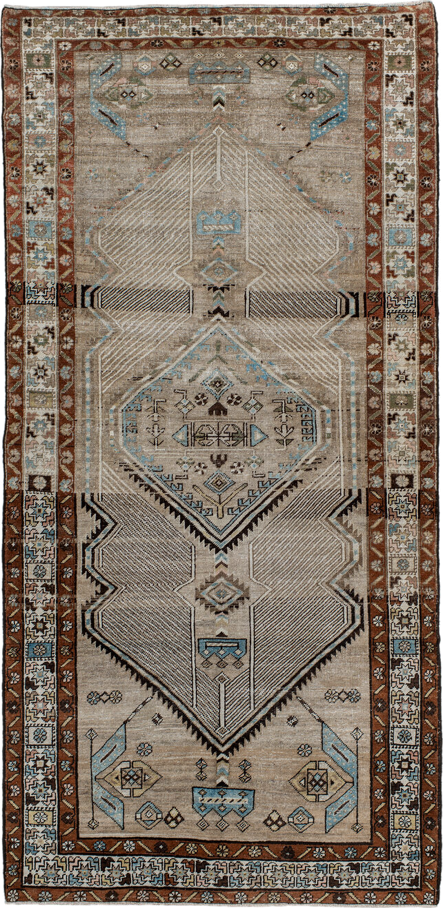 4' x 8' one-of-a-kind handmade antique Sarab runner rug. Color palette: camel, ivory, rust, sky blue, charcoal, taupe, brown