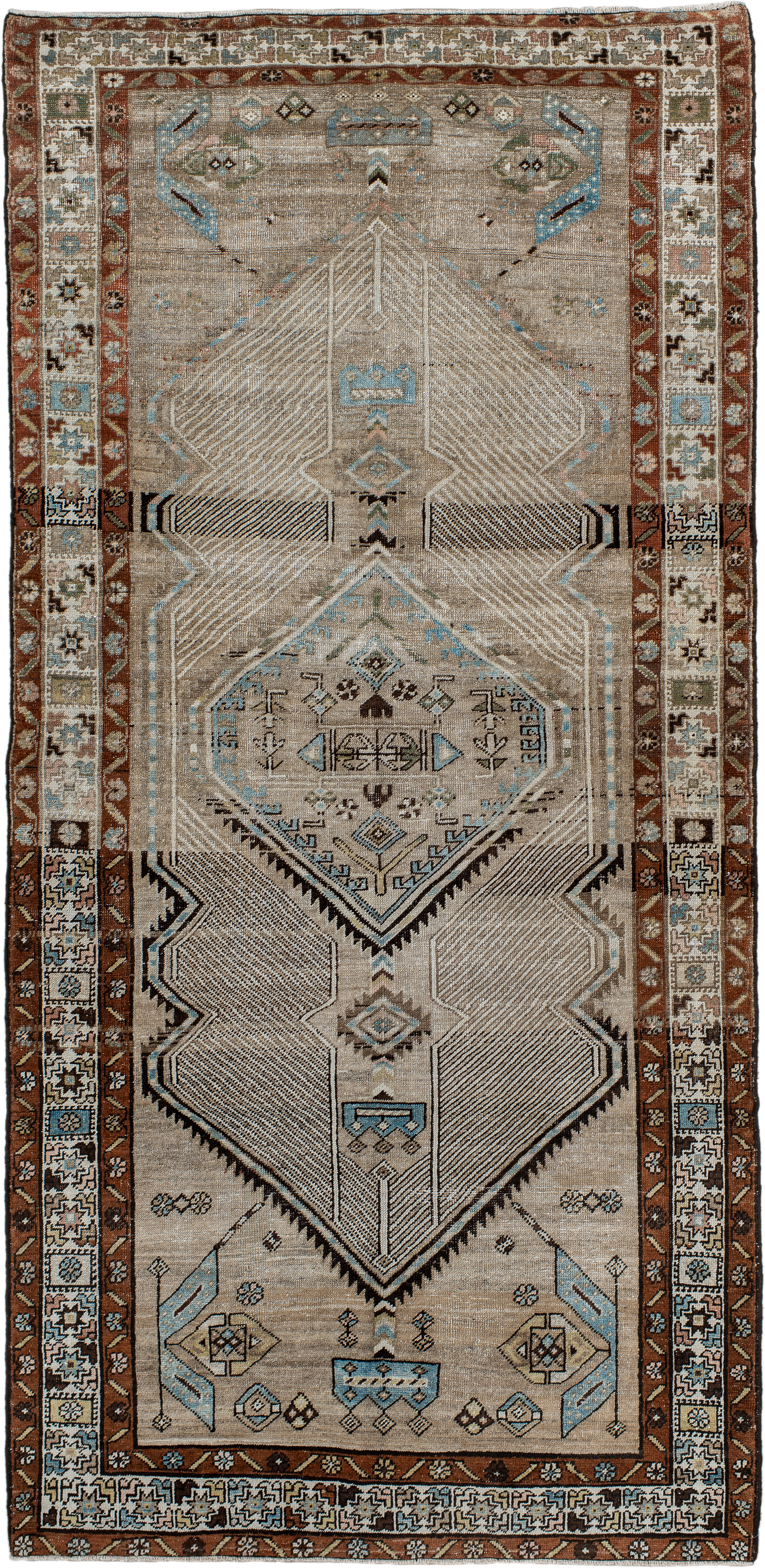 4' x 8' one-of-a-kind handmade antique Sarab runner rug. Color palette: camel, ivory, rust, sky blue, charcoal, taupe, brown