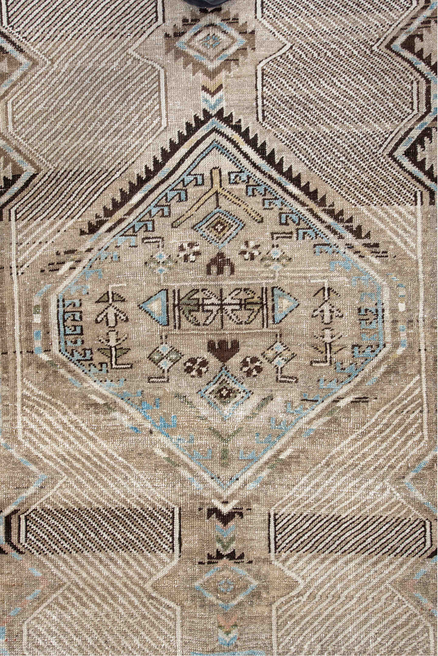 4' x 8' one-of-a-kind handmade antique Sarab runner rug. Color palette: camel, ivory, rust, sky blue, charcoal, taupe, brown