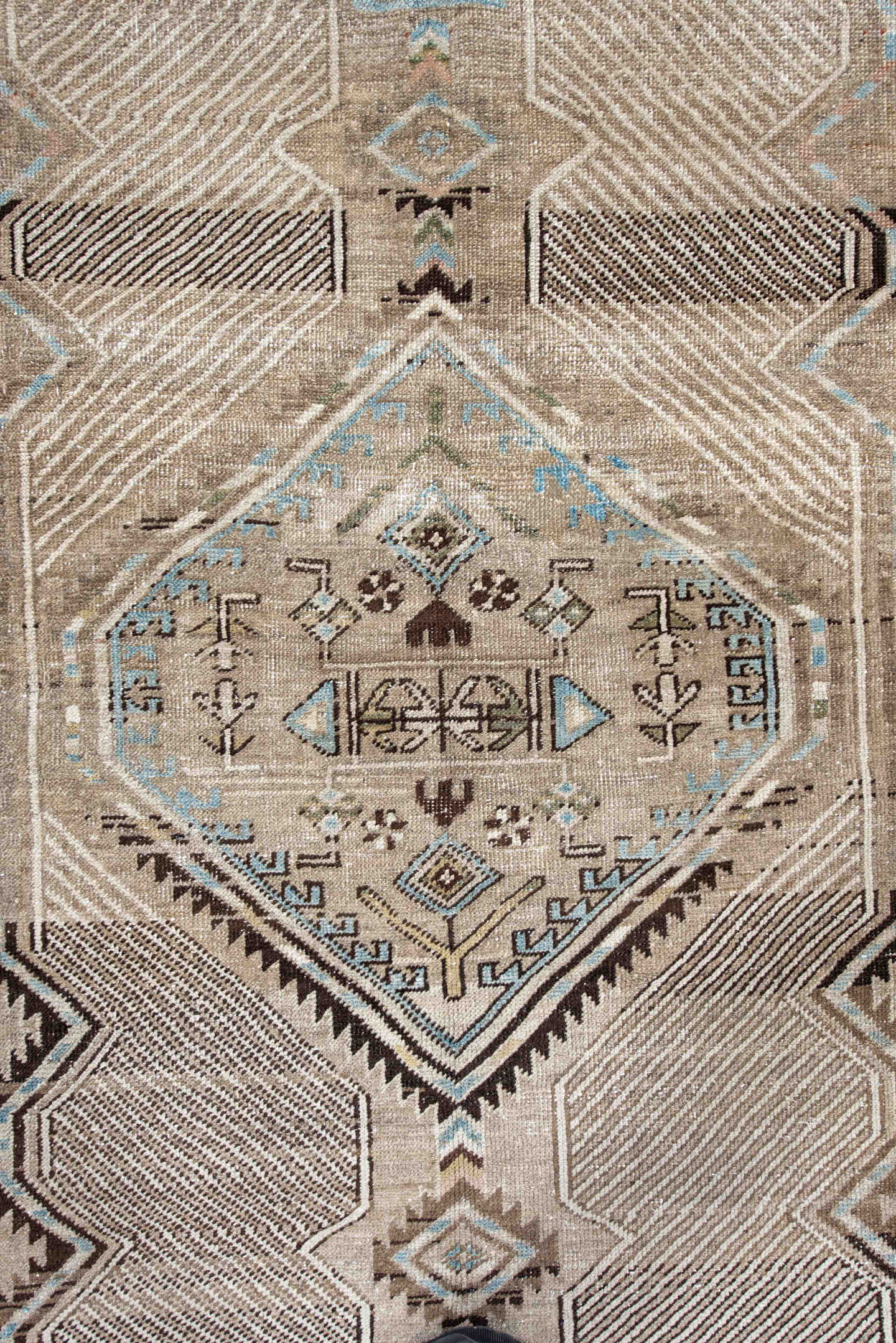 4' x 8' one-of-a-kind handmade antique Sarab runner rug. Color palette: camel, ivory, rust, sky blue, charcoal, taupe, brown
