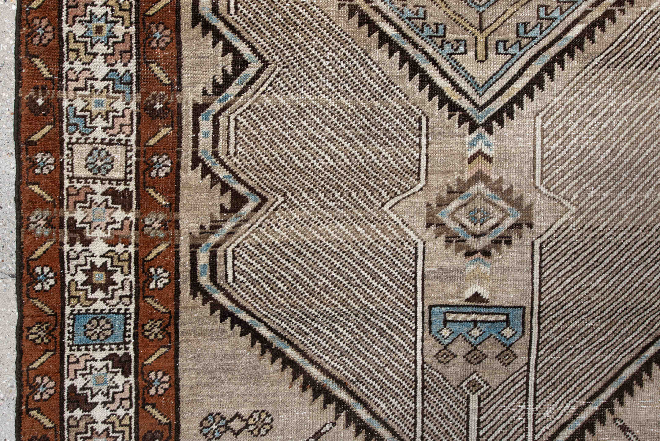 4' x 8' one-of-a-kind handmade vintage Sarab runner rug. Color palette: black, blue, brown, charcoal, gray, light gray
