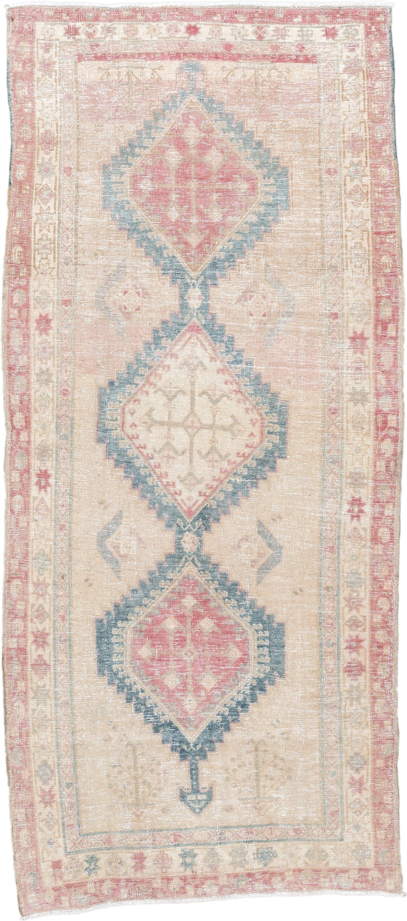 3' x 8' one-of-a-kind handmade vintage Sarab runner rug. Color palette: ivory, blush, faded blue, beige, rose, cream, pink