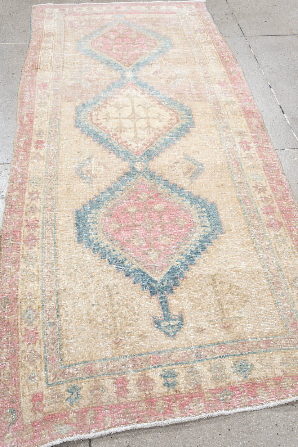 3' x 8' one-of-a-kind handmade vintage Sarab runner rug. Color palette: ivory, blush, faded blue, beige, rose, cream, pink