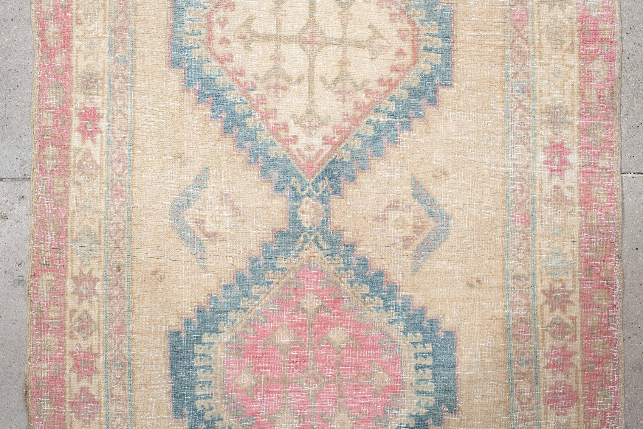 3' x 8' one-of-a-kind handmade vintage Sarab runner rug. Color palette: ivory, blush, faded blue, beige, rose, cream, pink