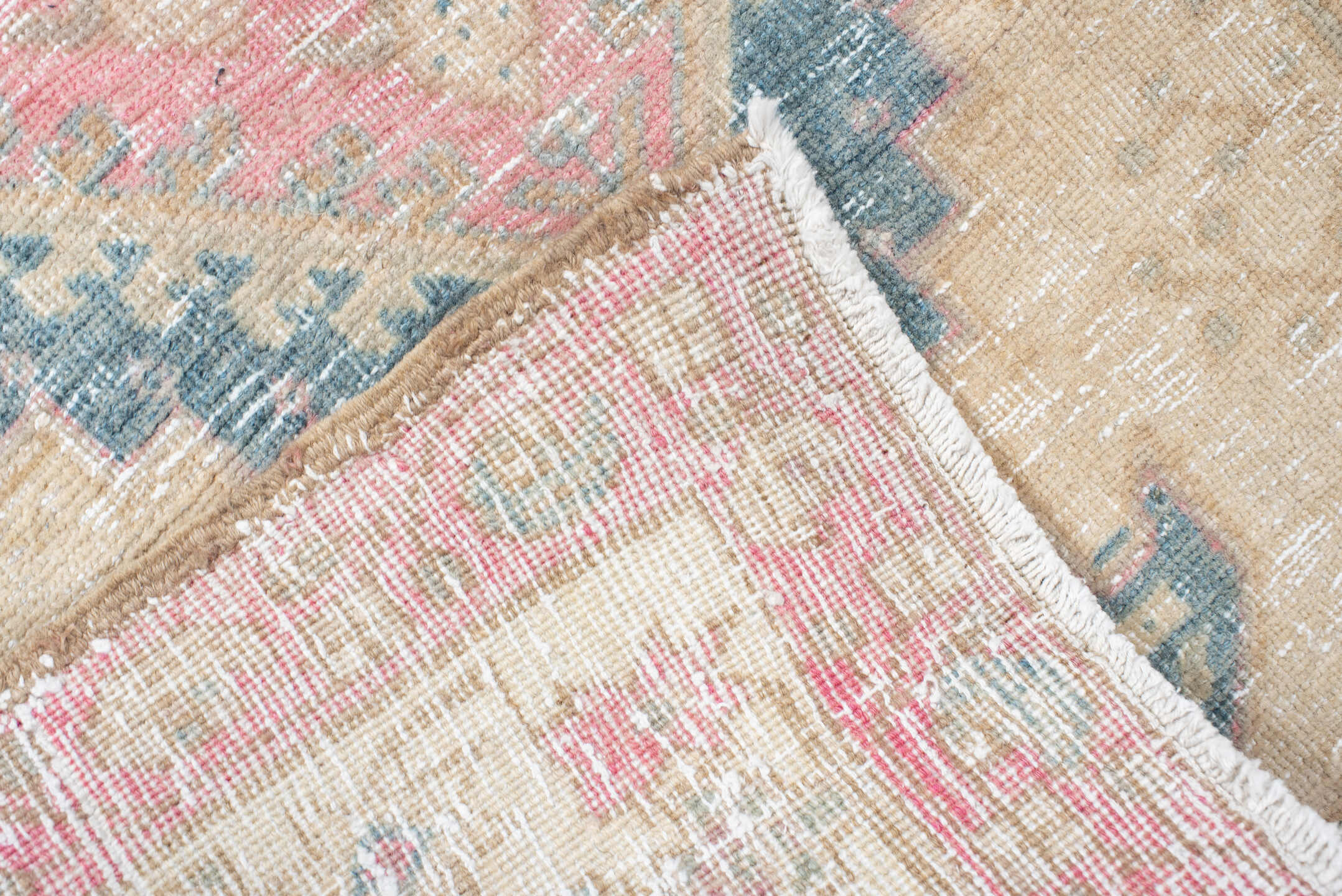 3' x 8' one-of-a-kind handmade vintage Sarab runner rug. Color palette: ivory, blush, faded blue, beige, rose, cream, pink