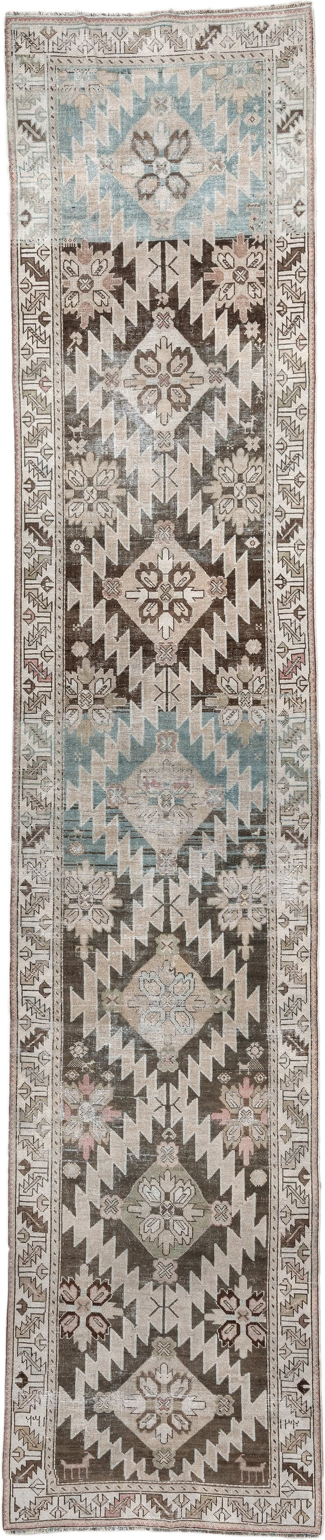 3' x 14' one-of-a-kind handmade antique Karabagh runner rug. Color palette: ivory, taupe, brown, sky blue, charcoal, blush