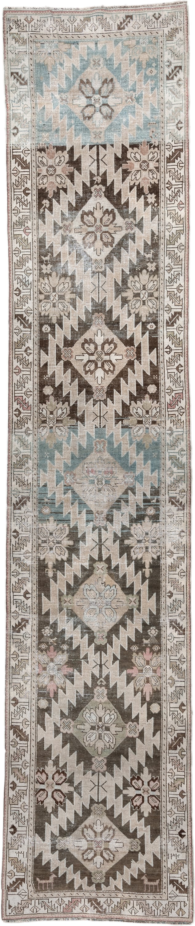 3' x 14' one-of-a-kind handmade antique Karabagh runner rug. Color palette: ivory, taupe, brown, sky blue, charcoal, blush