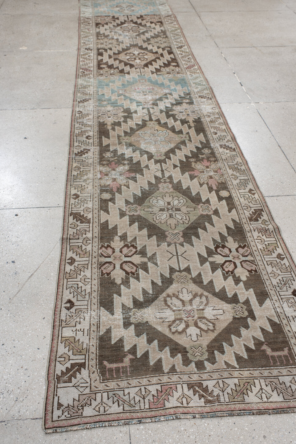 3' x 14' one-of-a-kind handmade antique Karabagh runner rug. Color palette: ivory, taupe, brown, sky blue, charcoal, blush