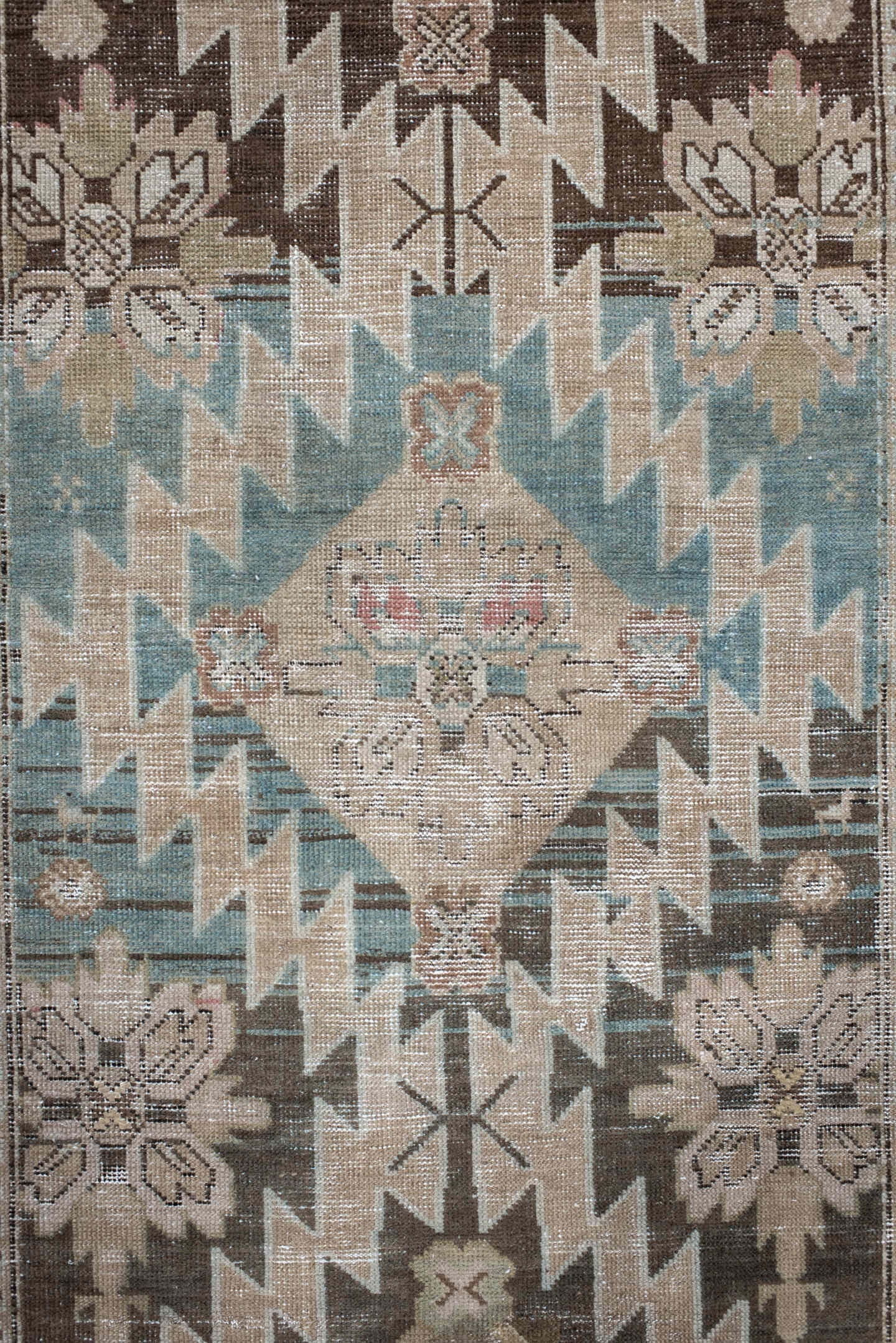 3' x 14' one-of-a-kind handmade antique Karabagh runner rug. Color palette: ivory, taupe, brown, sky blue, charcoal, blush