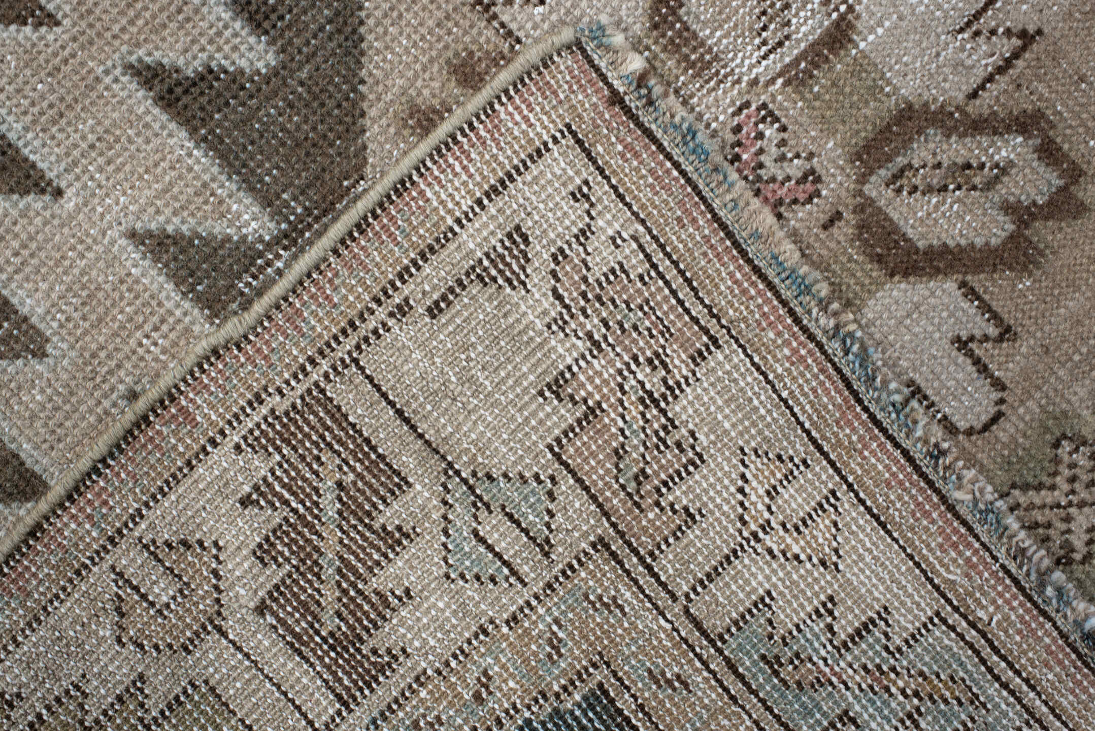 3' x 14' one-of-a-kind handmade antique Karabagh runner rug. Color palette: ivory, taupe, brown, sky blue, charcoal, blush