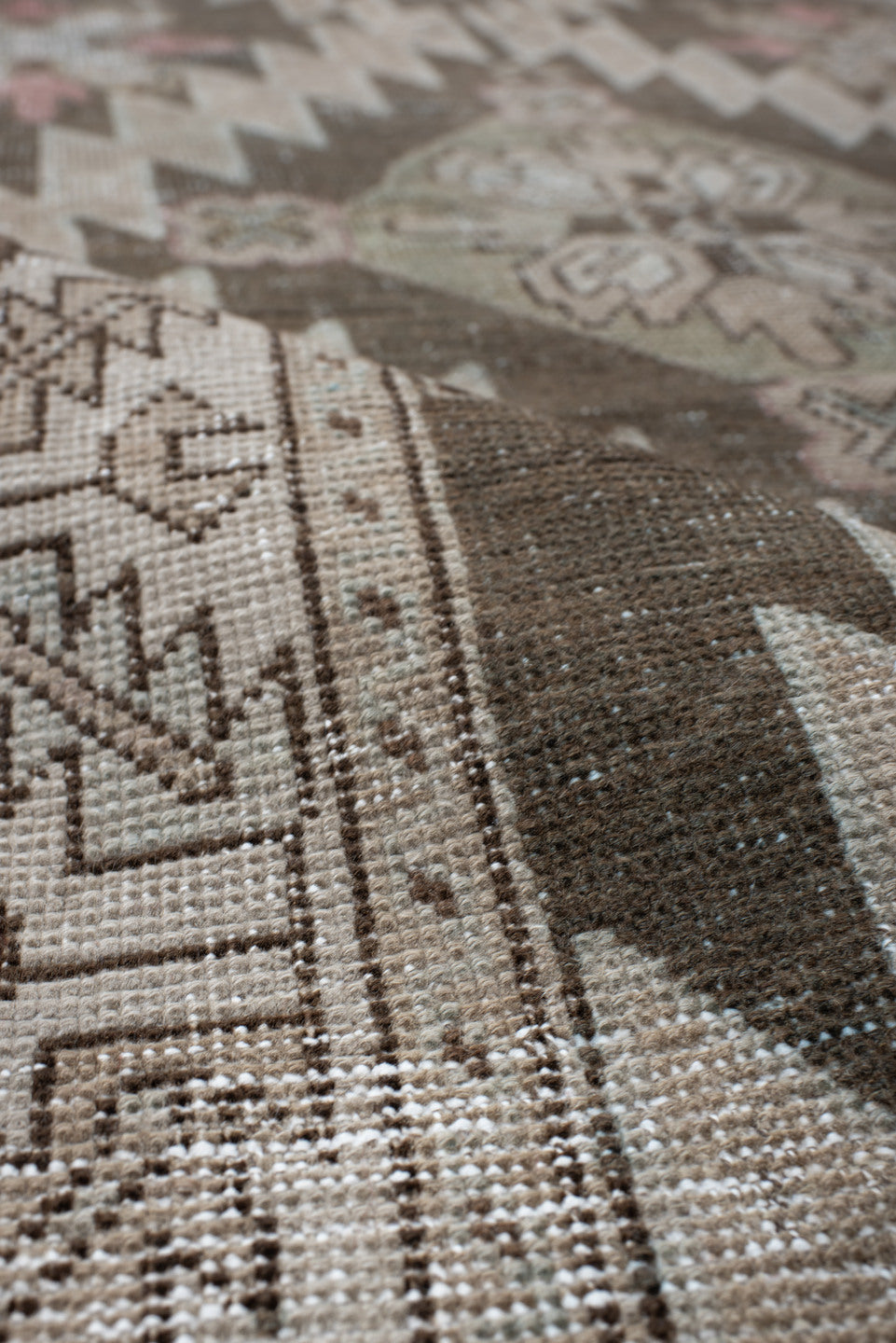 3' x 14' one-of-a-kind handmade antique Karabagh runner rug. Color palette: ivory, taupe, brown, sky blue, charcoal, blush