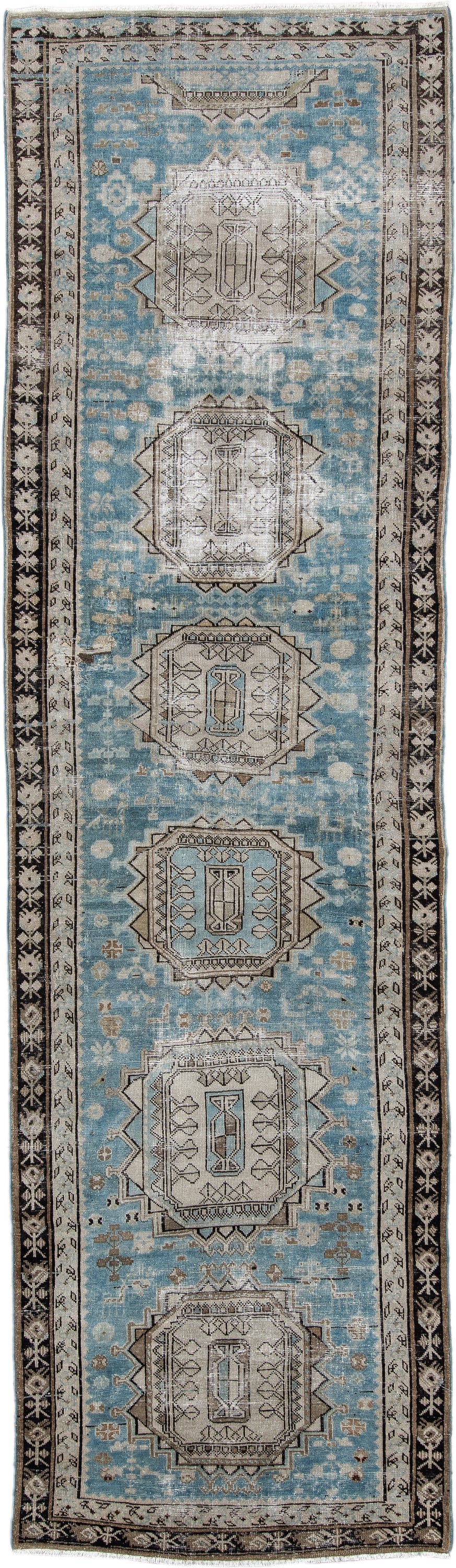 3' x 11' one-of-a-kind handmade vintage NW Persian runner rug. Color palette: sky blue, ivory, charcoal, taupe, slate, camel
