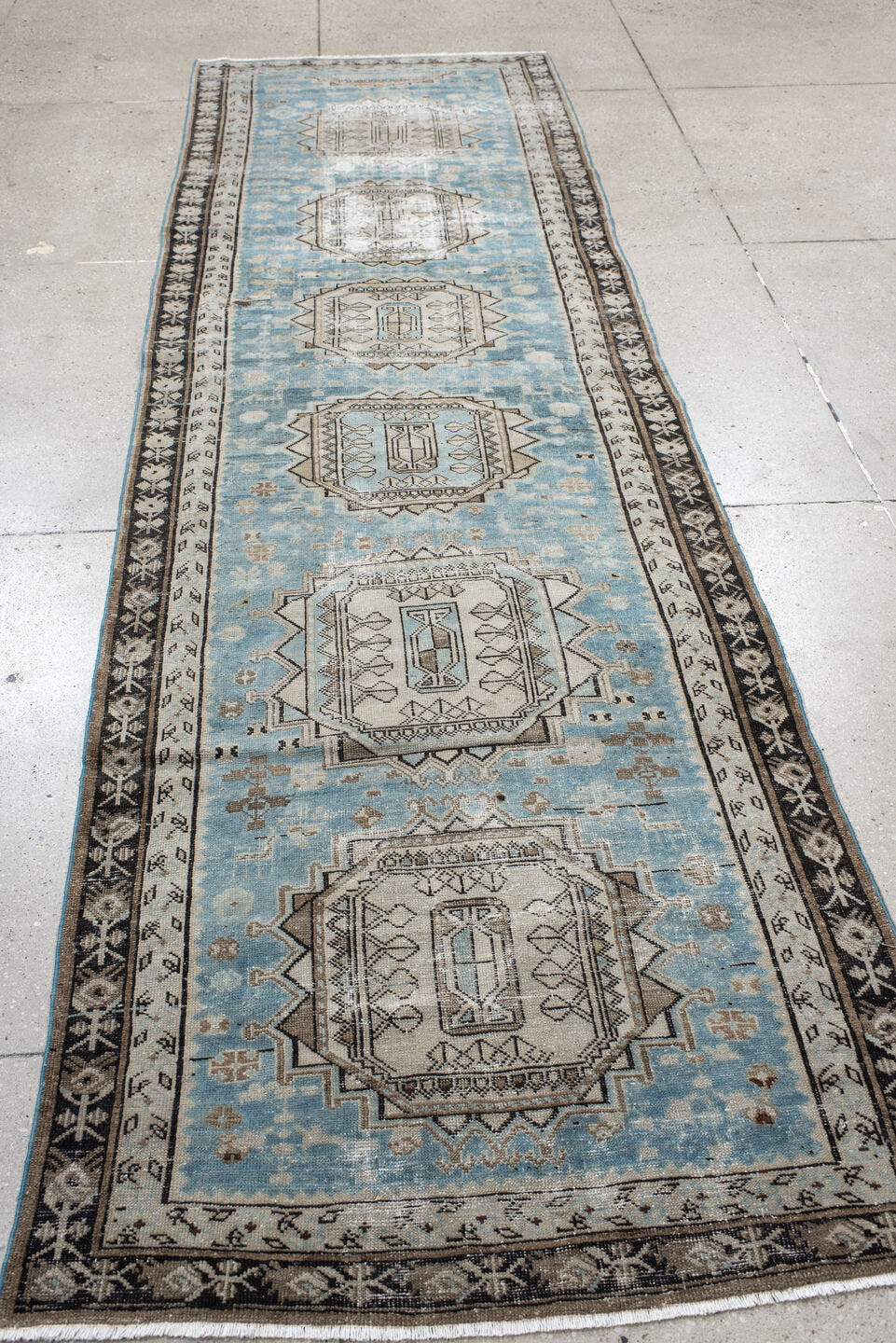 3' x 11' one-of-a-kind handmade vintage NW Persian runner rug. Color palette: sky blue, ivory, charcoal, taupe, slate, camel