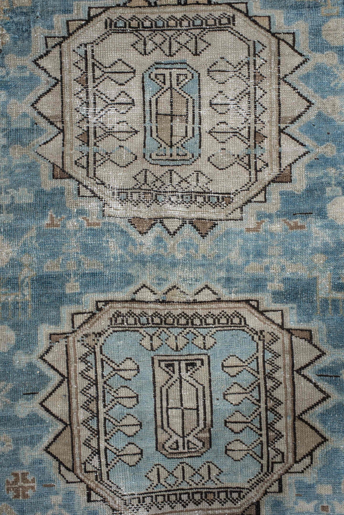 3' x 11' one-of-a-kind handmade vintage NW Persian runner rug. Color palette: sky blue, ivory, charcoal, taupe, slate, camel
