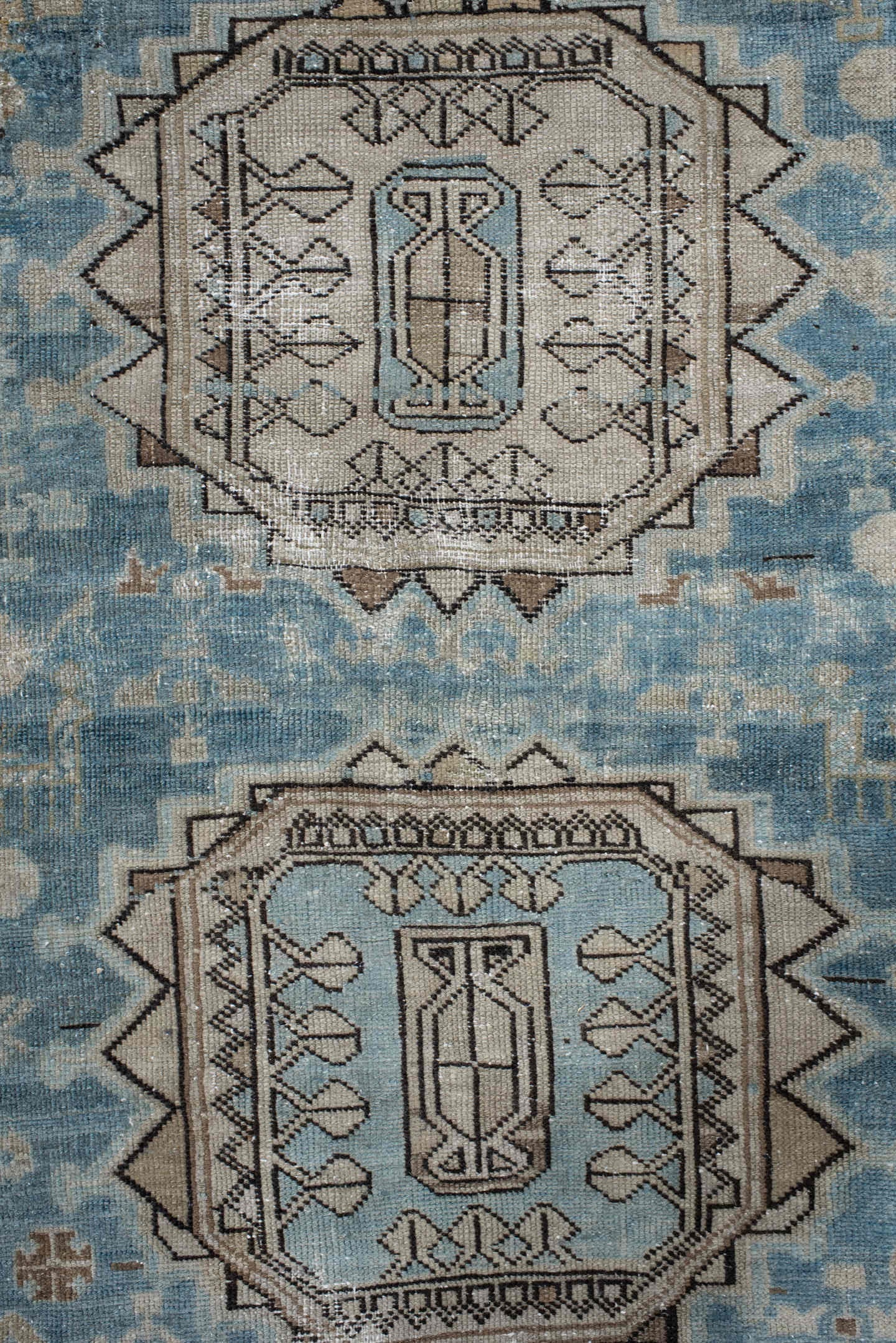 3' x 11' one-of-a-kind handmade vintage NW Persian runner rug. Color palette: sky blue, ivory, charcoal, taupe, slate, camel
