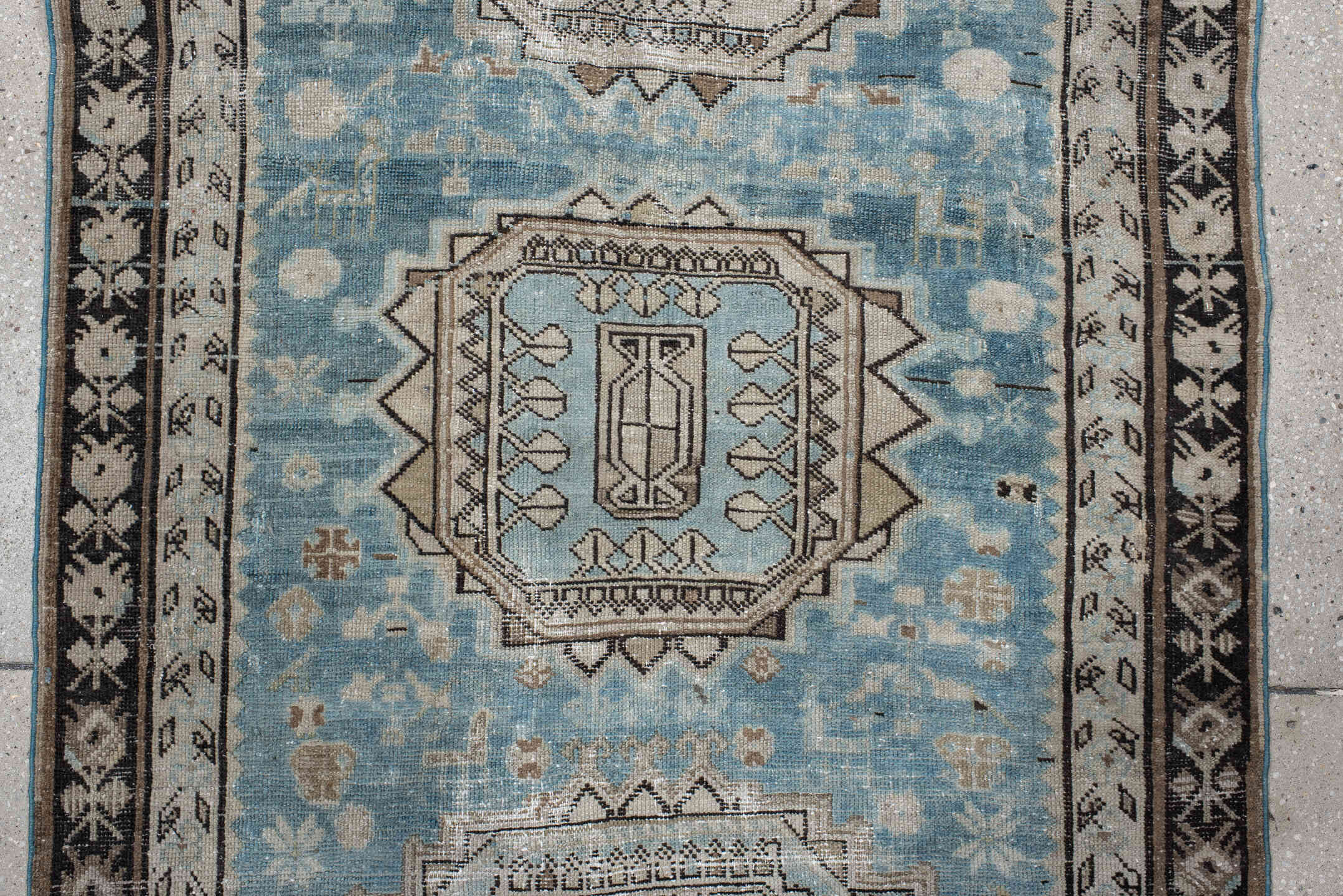 3' x 11' one-of-a-kind handmade vintage NW Persian runner rug. Color palette: black, blue, charcoal, dark gray, gray