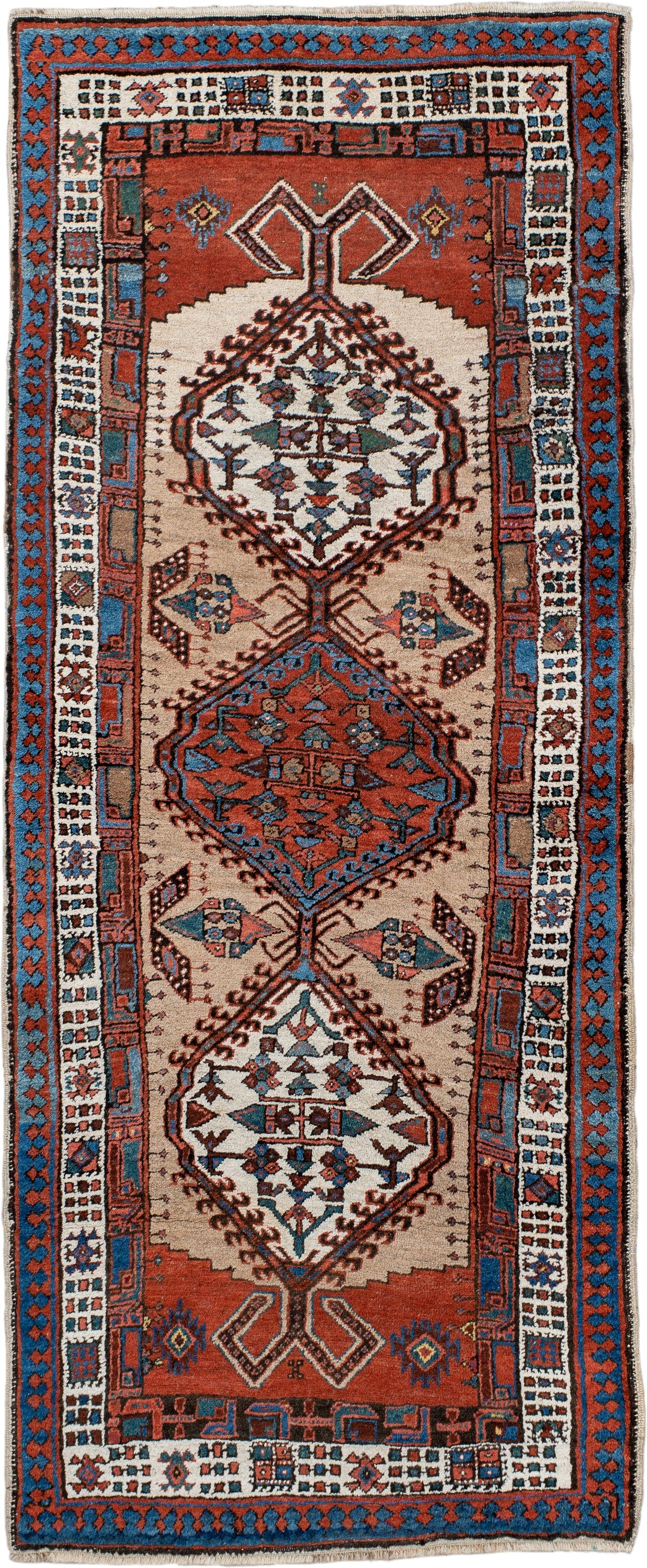 2' x 6' one-of-a-kind handmade antique Sarab runner rug. Color palette: ivory, sky blue, rust, navy, terracotta, brown