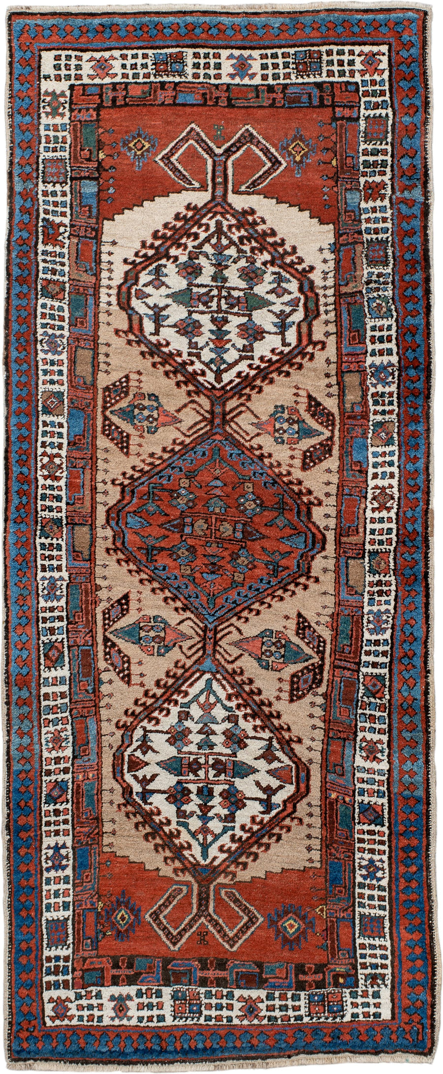 2' x 6' one-of-a-kind handmade antique Sarab runner rug. Color palette: ivory, sky blue, rust, navy, terracotta, brown