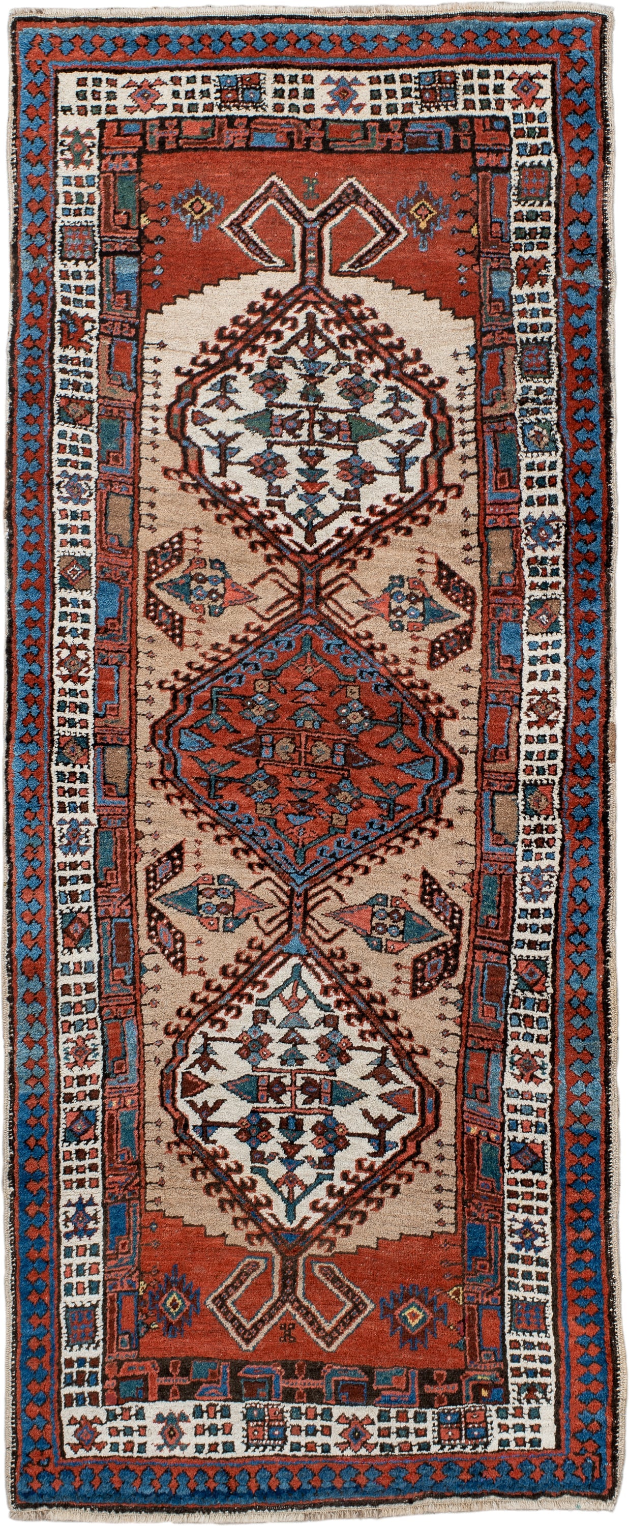 2' x 6' one-of-a-kind handmade antique Sarab runner rug. Color palette: ivory, sky blue, rust, navy, terracotta, brown