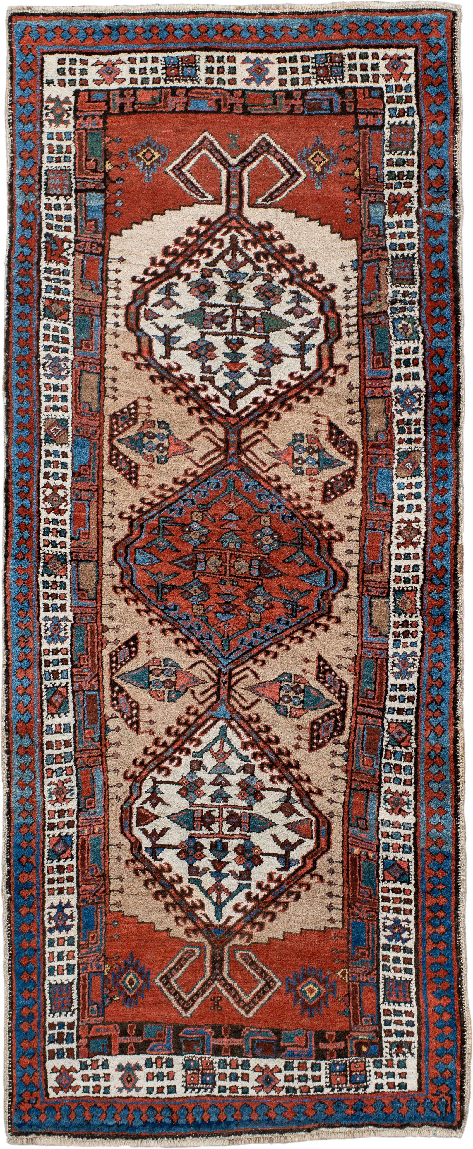 2' x 6' one-of-a-kind handmade antique Sarab runner rug. Color palette: ivory, sky blue, rust, navy, terracotta, brown