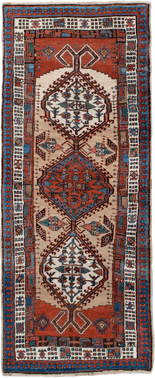 2' x 6' one-of-a-kind handmade antique Sarab runner rug. Color palette: ivory, sky blue, rust, navy, terracotta, brown