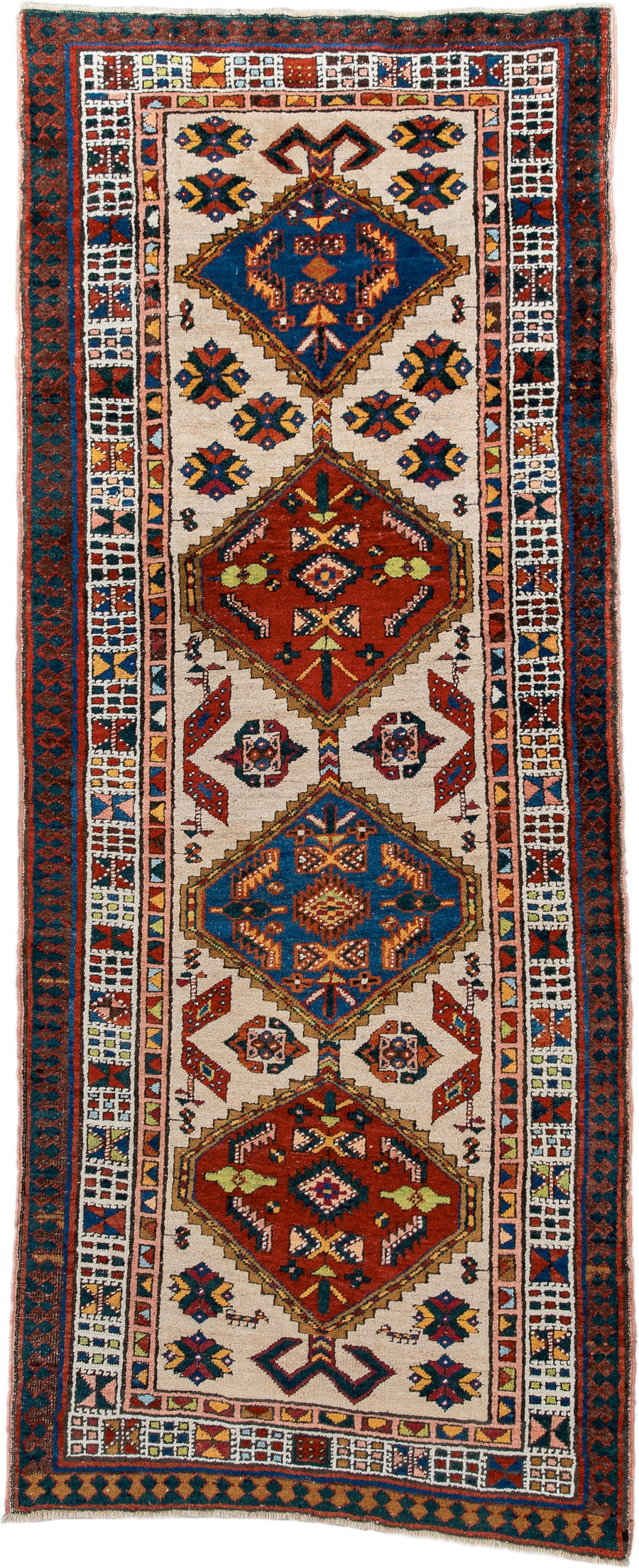 3' x 7' one-of-a-kind handmade antique Sarab runner rug. Color palette: ivory, indigo, rust, camel, navy, coral, gold, sage