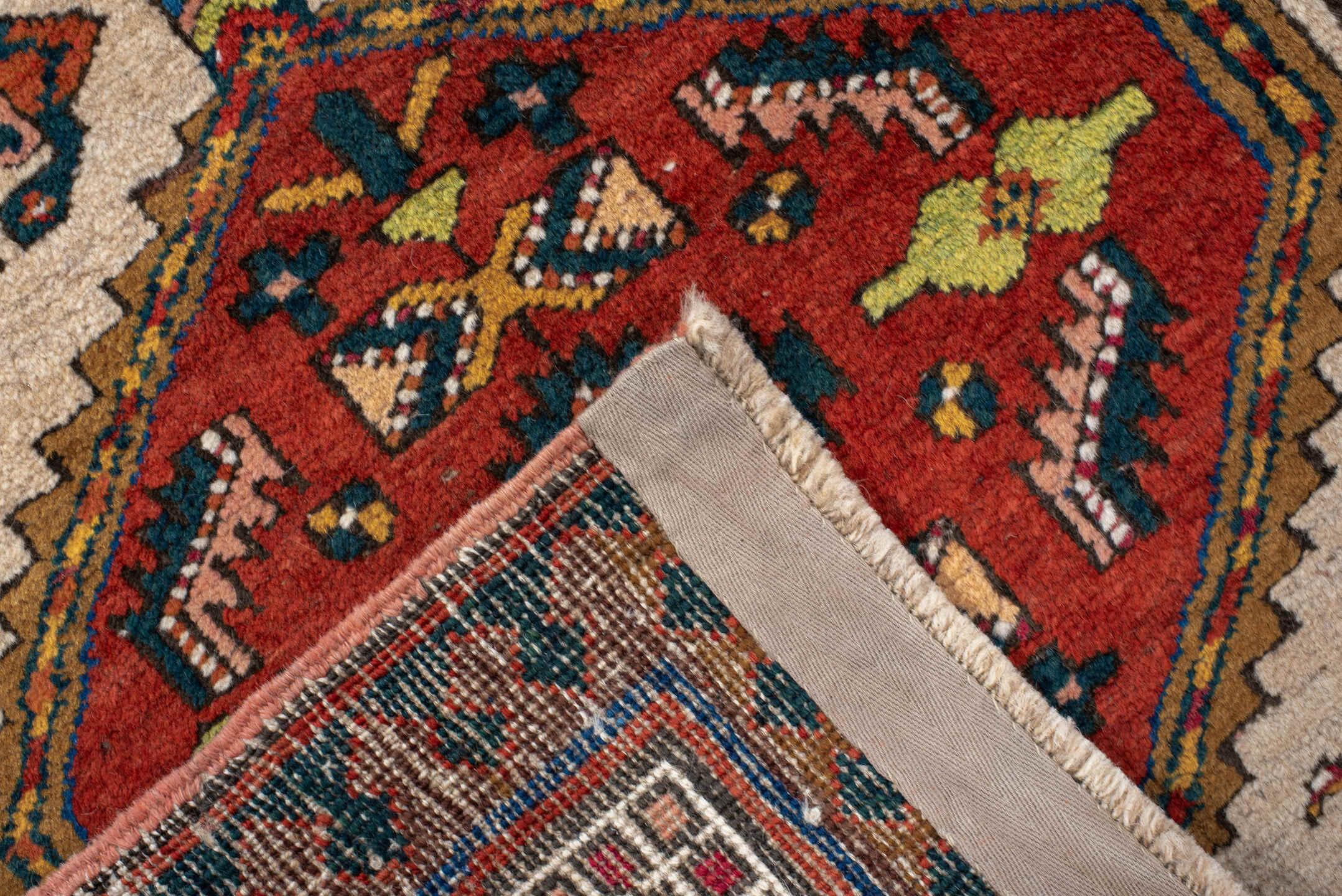 3' x 7' one-of-a-kind handmade antique Sarab runner rug. Color palette: ivory, indigo, rust, camel, navy, coral, gold, sage