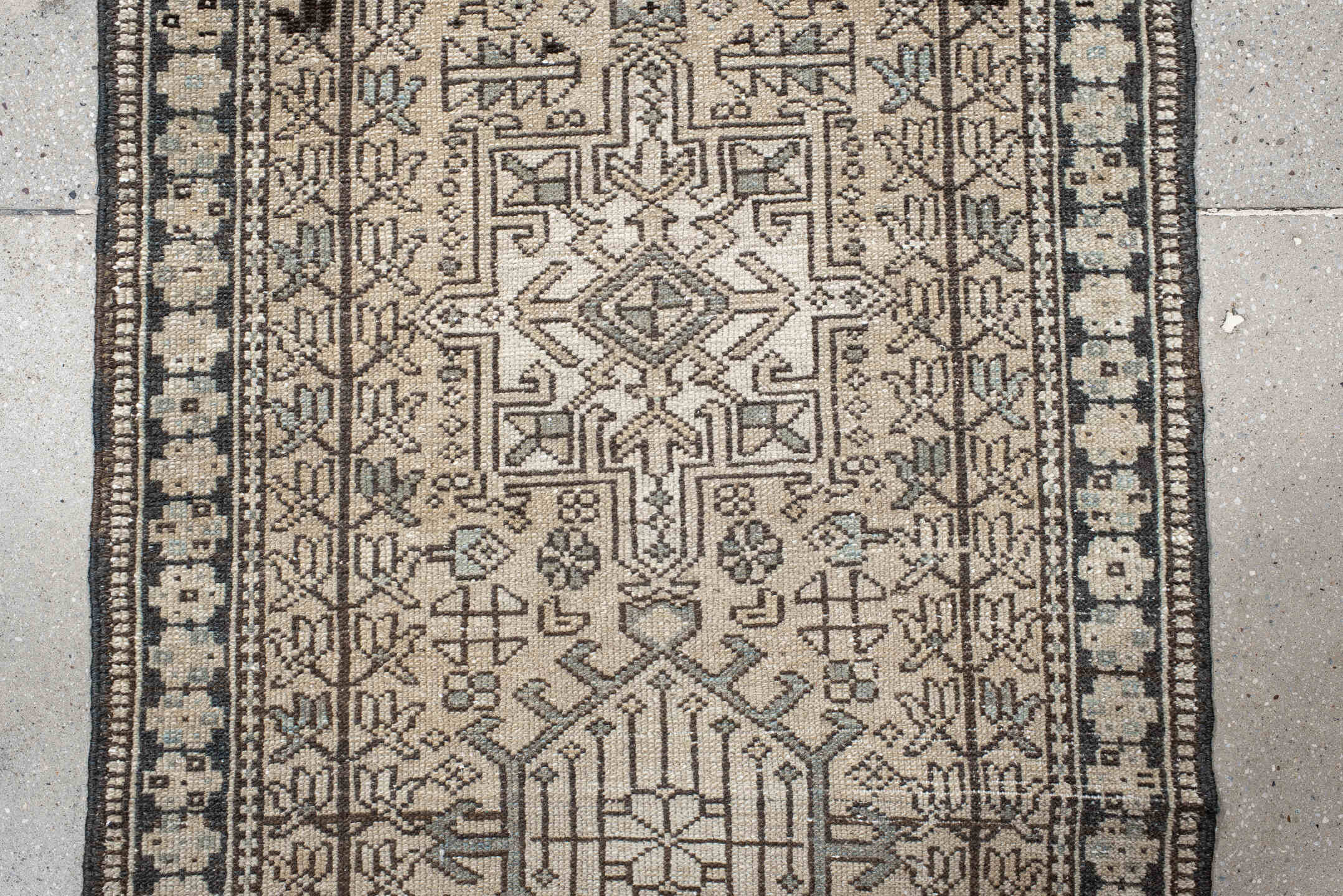 2' x 9' one-of-a-kind handmade vintage Karaje runner rug. Color palette: antiquewhite, black, brown, dark gray, gray