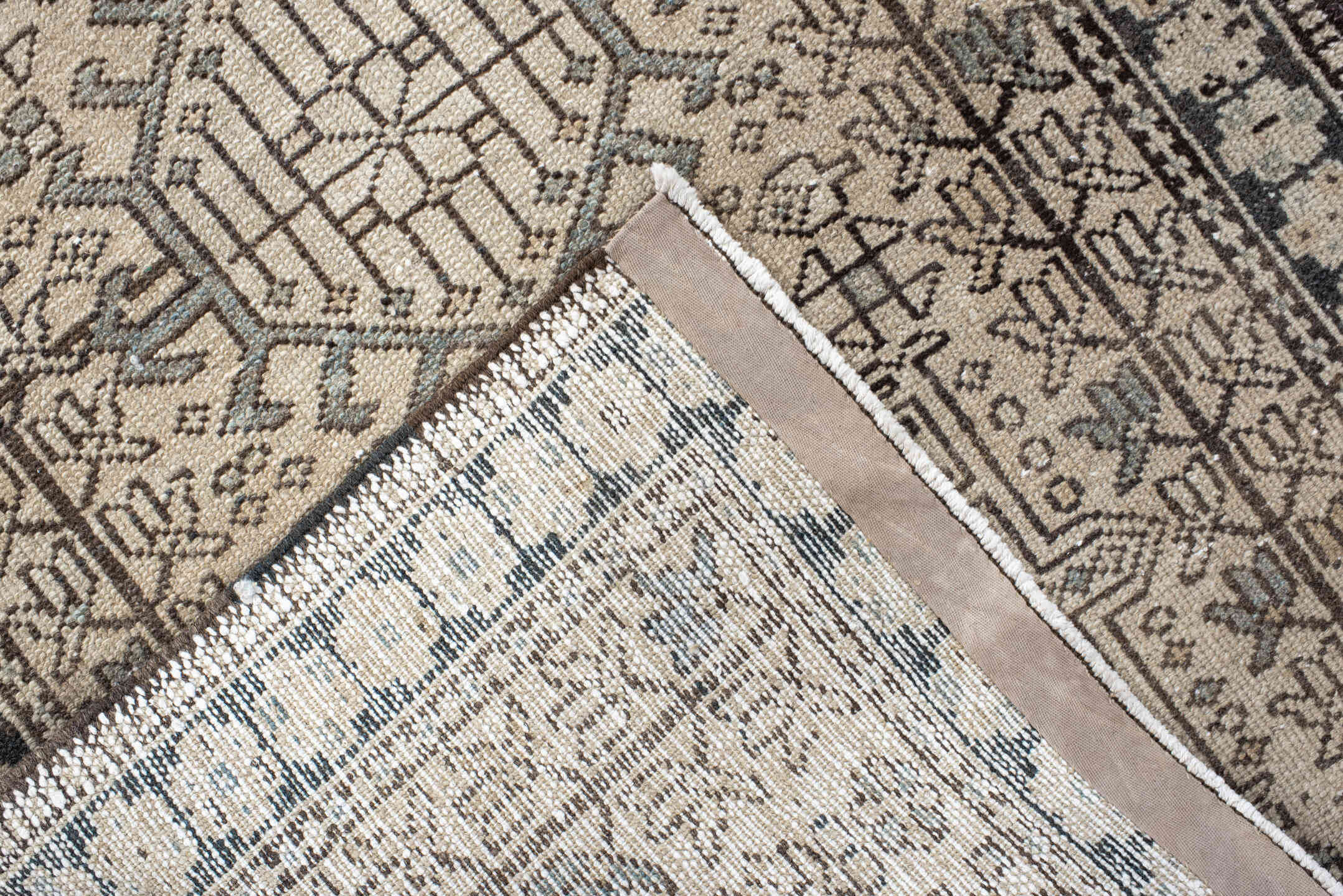 2' x 9' one-of-a-kind handmade vintage Karaje runner rug. Color palette: antiquewhite, black, brown, dark gray, gray