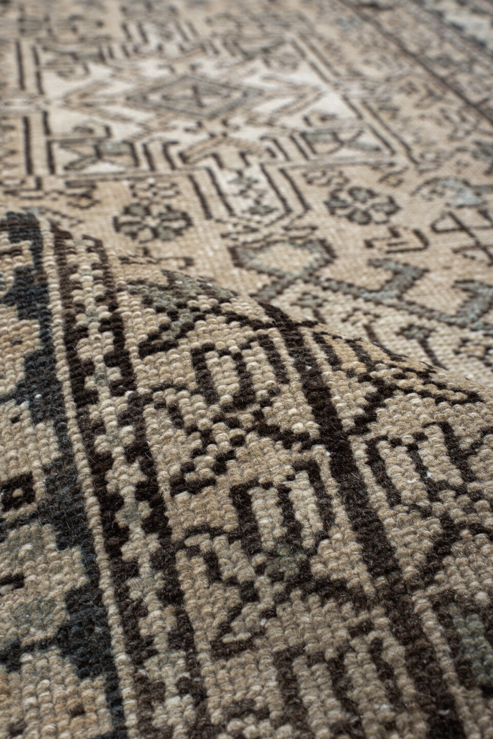 2' x 9' one-of-a-kind handmade vintage Karaje runner rug. Color palette: antiquewhite, black, brown, dark gray, gray