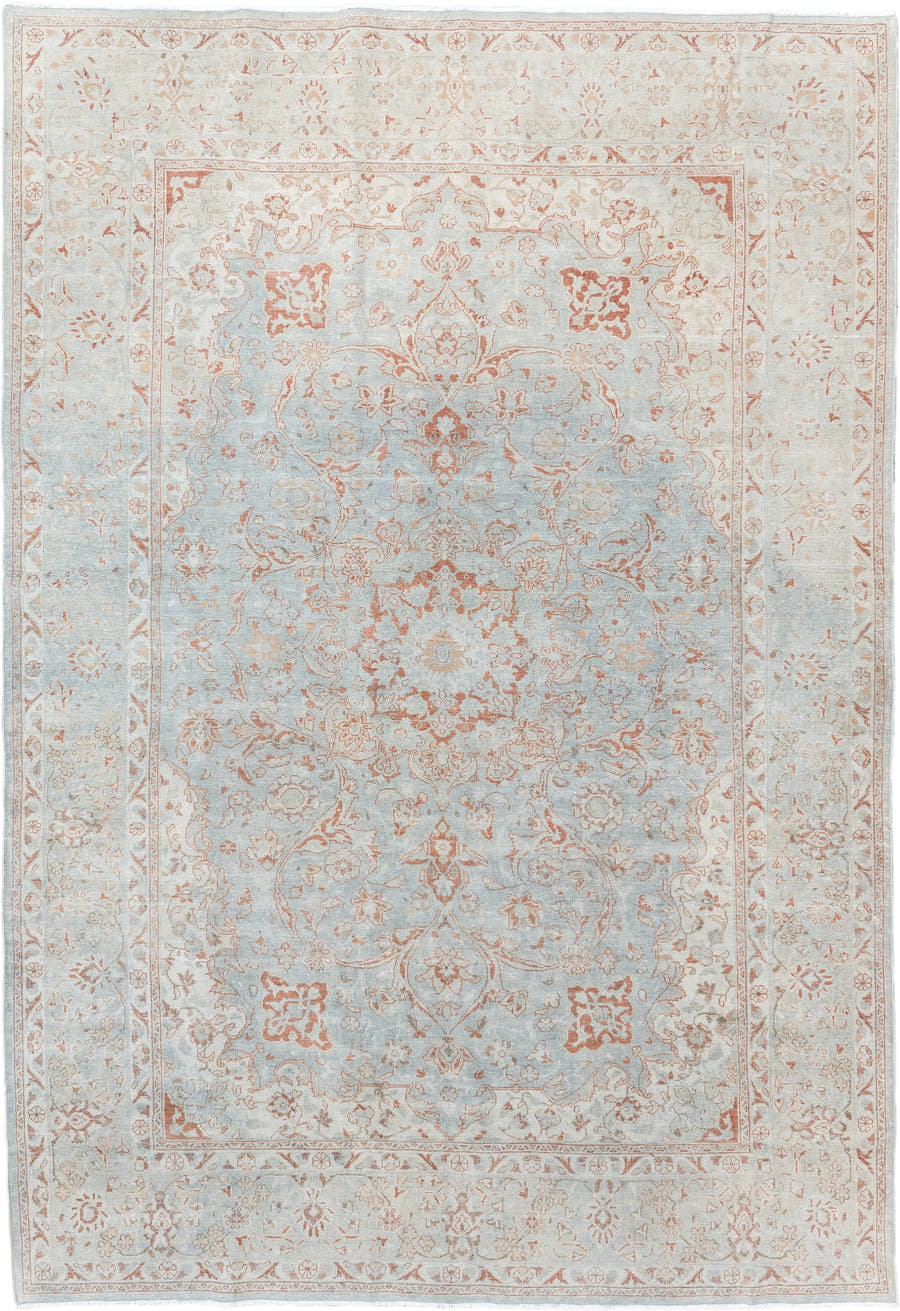 6' x 8' one-of-a-kind handmade antique Sarouk medium size rug. Color palette: ivory, pale blue, blush, peach, taupe