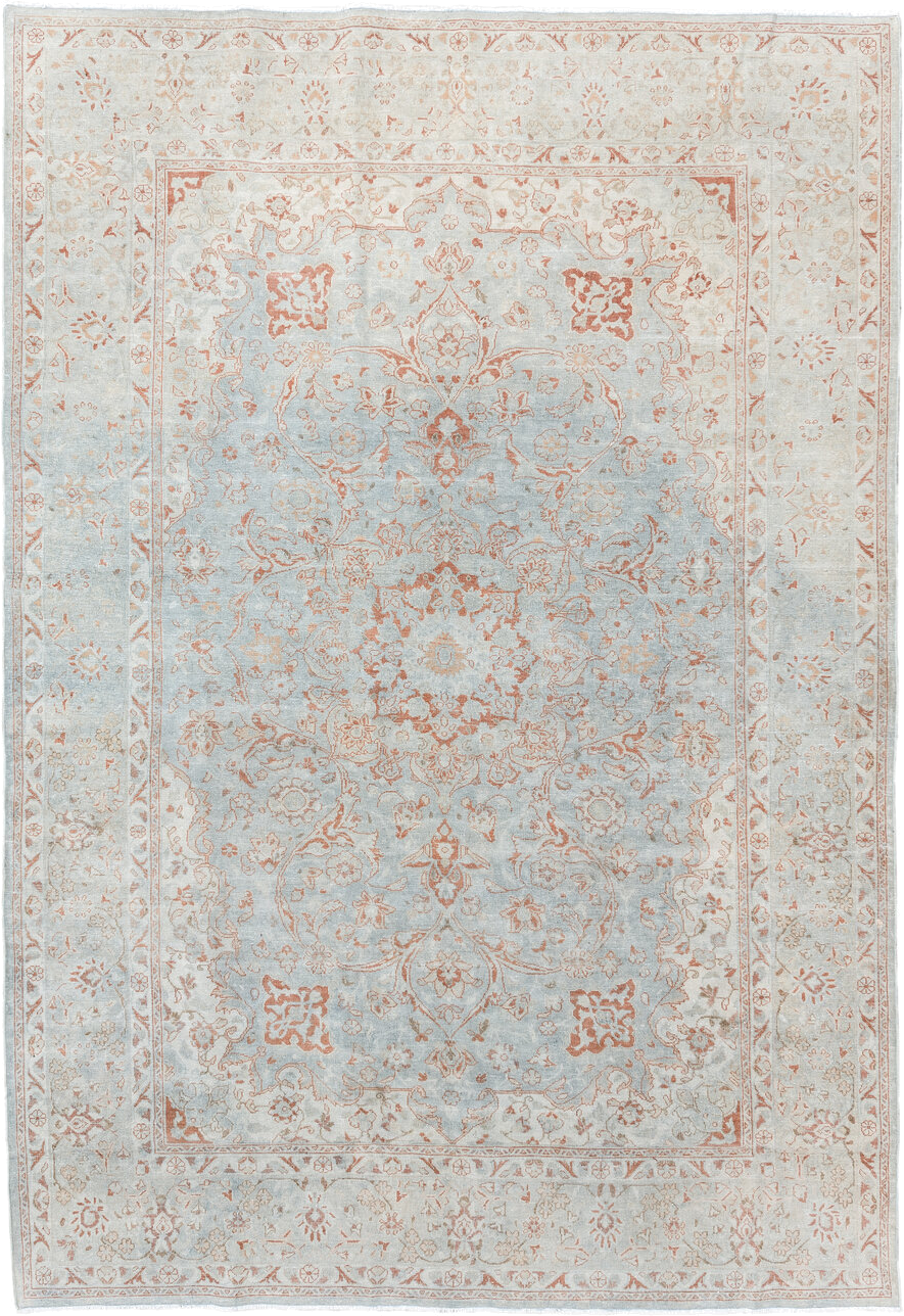 6' x 8' one-of-a-kind handmade antique Sarouk medium size rug. Color palette: ivory, pale blue, blush, peach, taupe