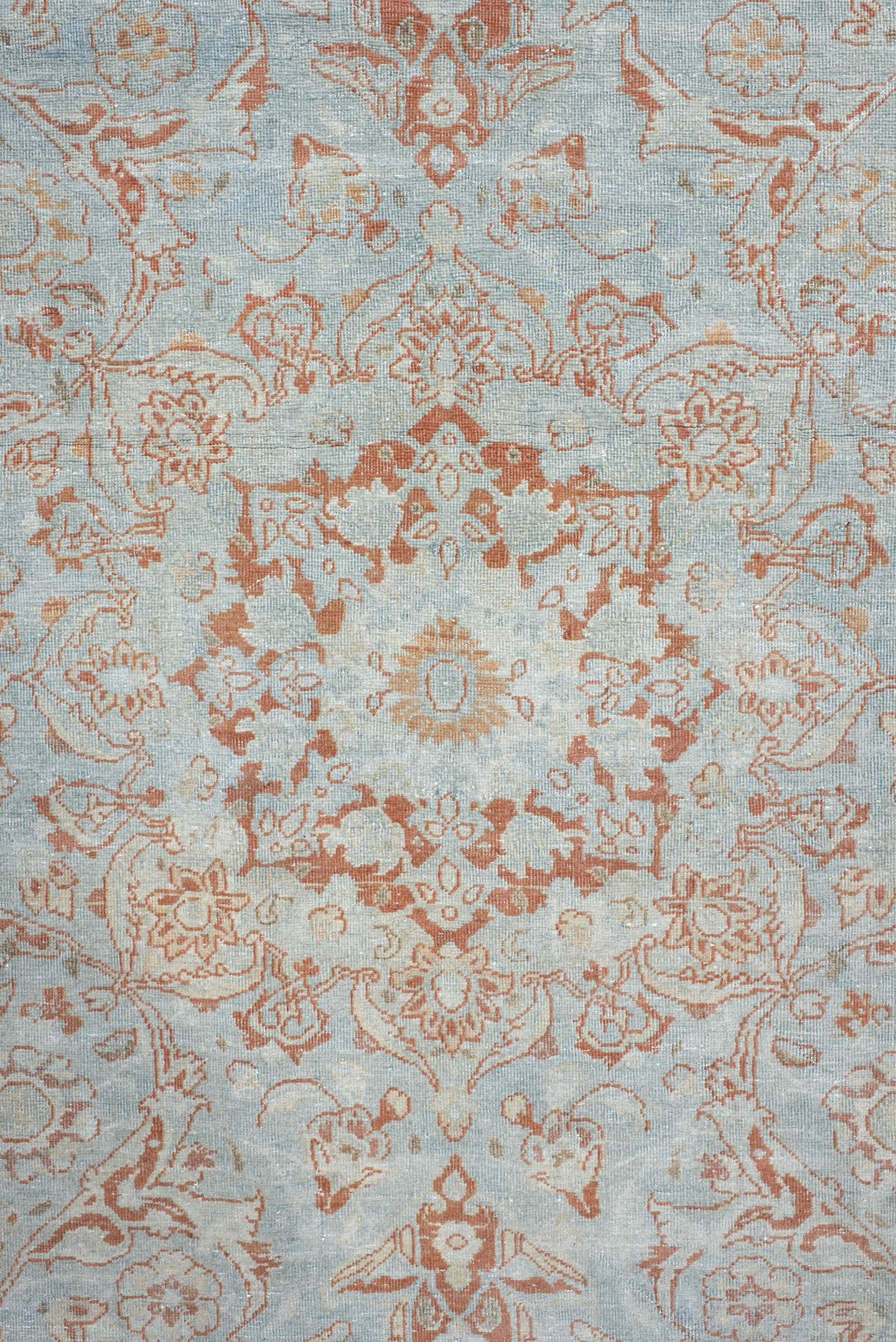 6' x 8' one-of-a-kind handmade antique Sarouk medium size rug. Color palette: ivory, pale blue, blush, peach, taupe