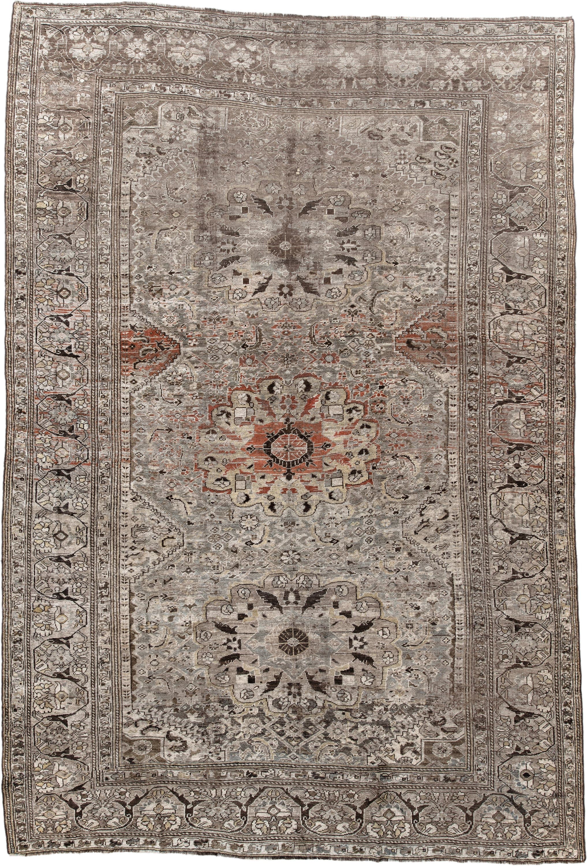 6' x 9' one-of-a-kind handmade antique Shiraz medium size rug. Color palette: taupe, ivory, charcoal, rust, brown, camel