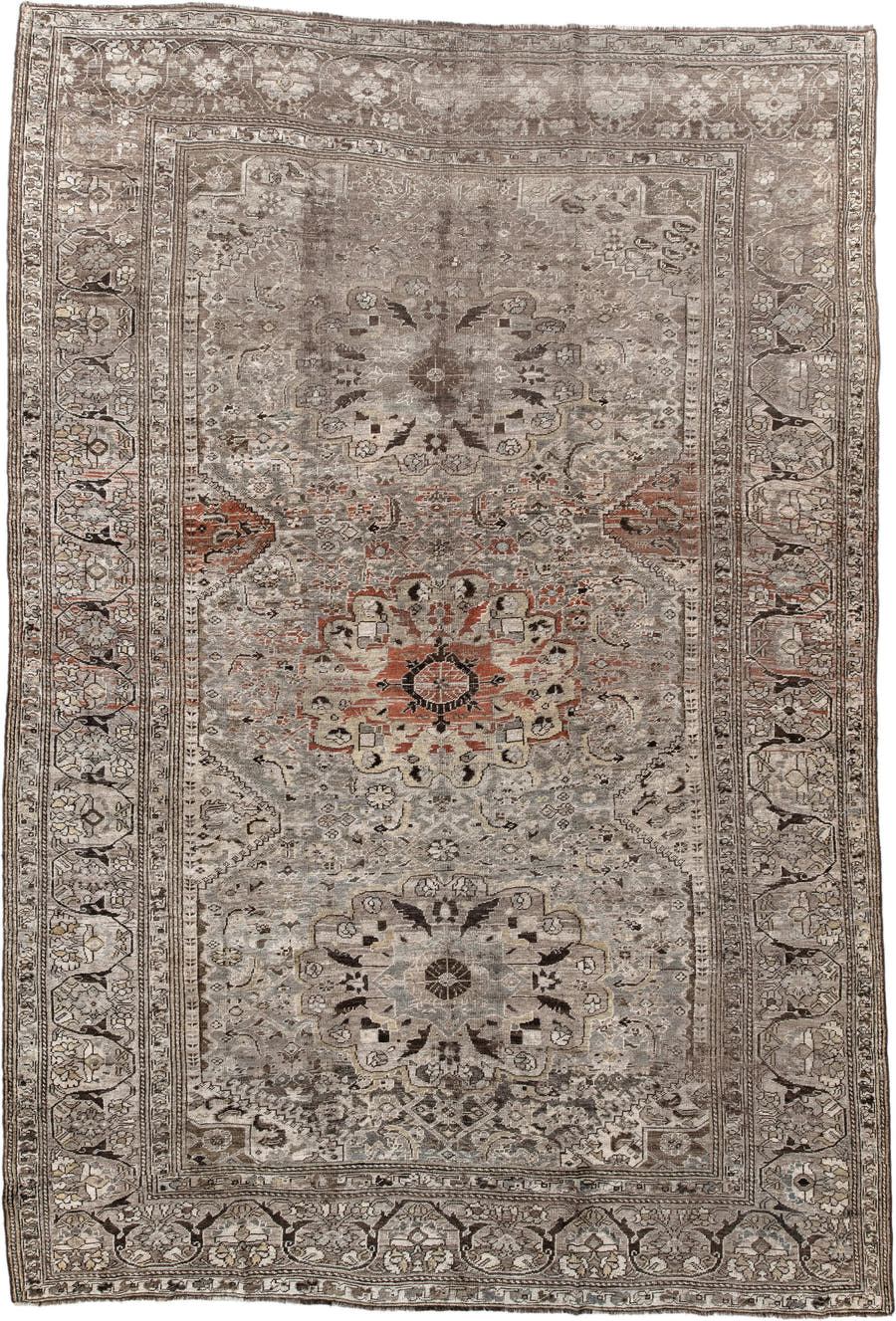 6' x 9' one-of-a-kind handmade antique Shiraz medium size rug. Color palette: taupe, ivory, charcoal, rust, brown, camel