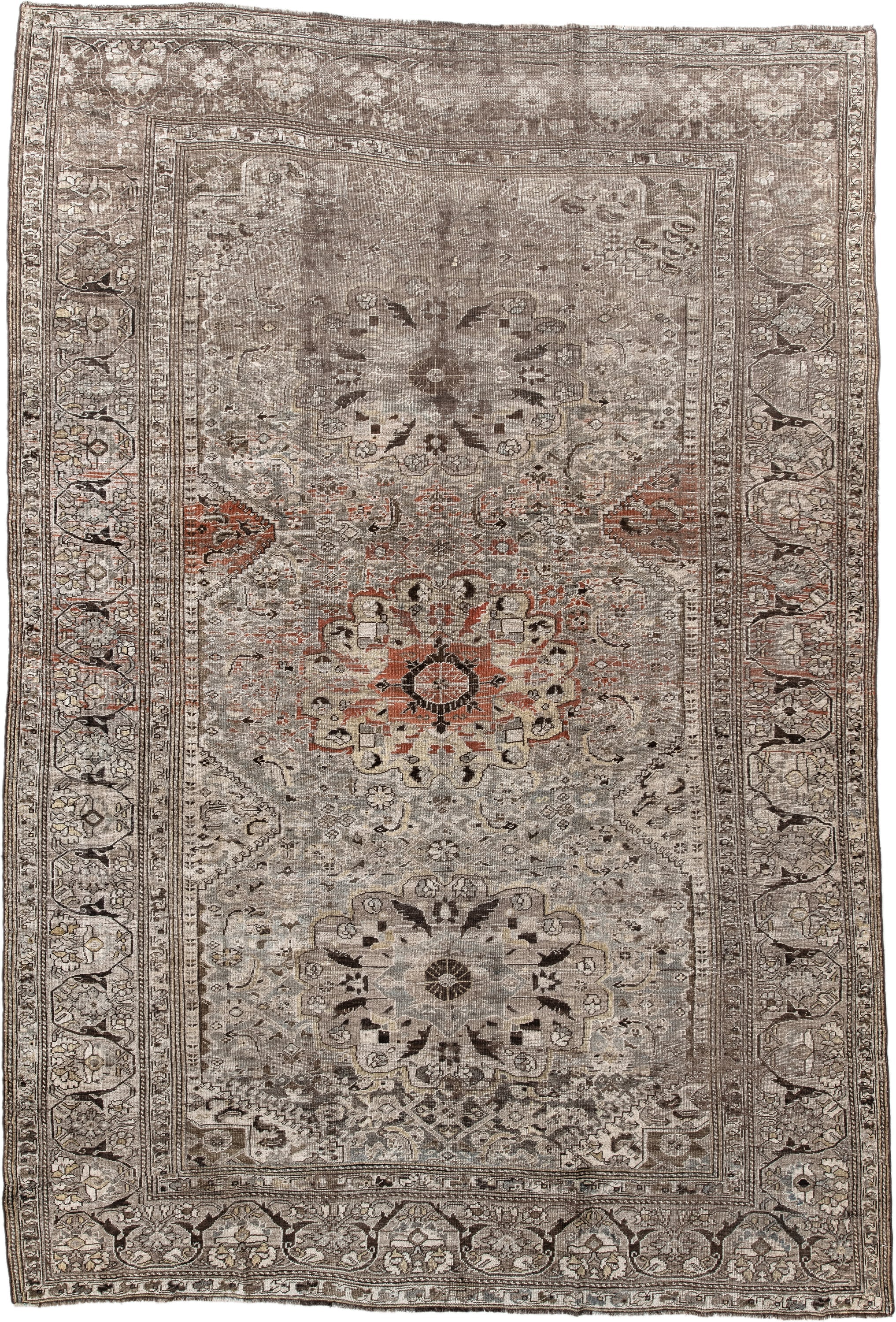 6' x 9' one-of-a-kind handmade antique Shiraz medium size rug. Color palette: taupe, ivory, charcoal, rust, brown, camel