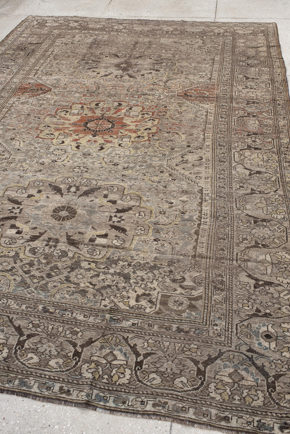 6' x 9' one-of-a-kind handmade antique Shiraz medium size rug. Color palette: taupe, ivory, charcoal, rust, brown, camel
