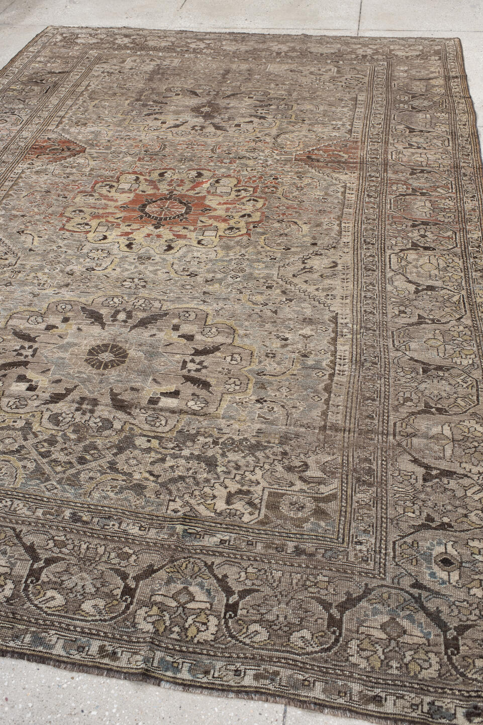 6' x 9' one-of-a-kind handmade antique Shiraz medium size rug. Color palette: taupe, ivory, charcoal, rust, brown, camel