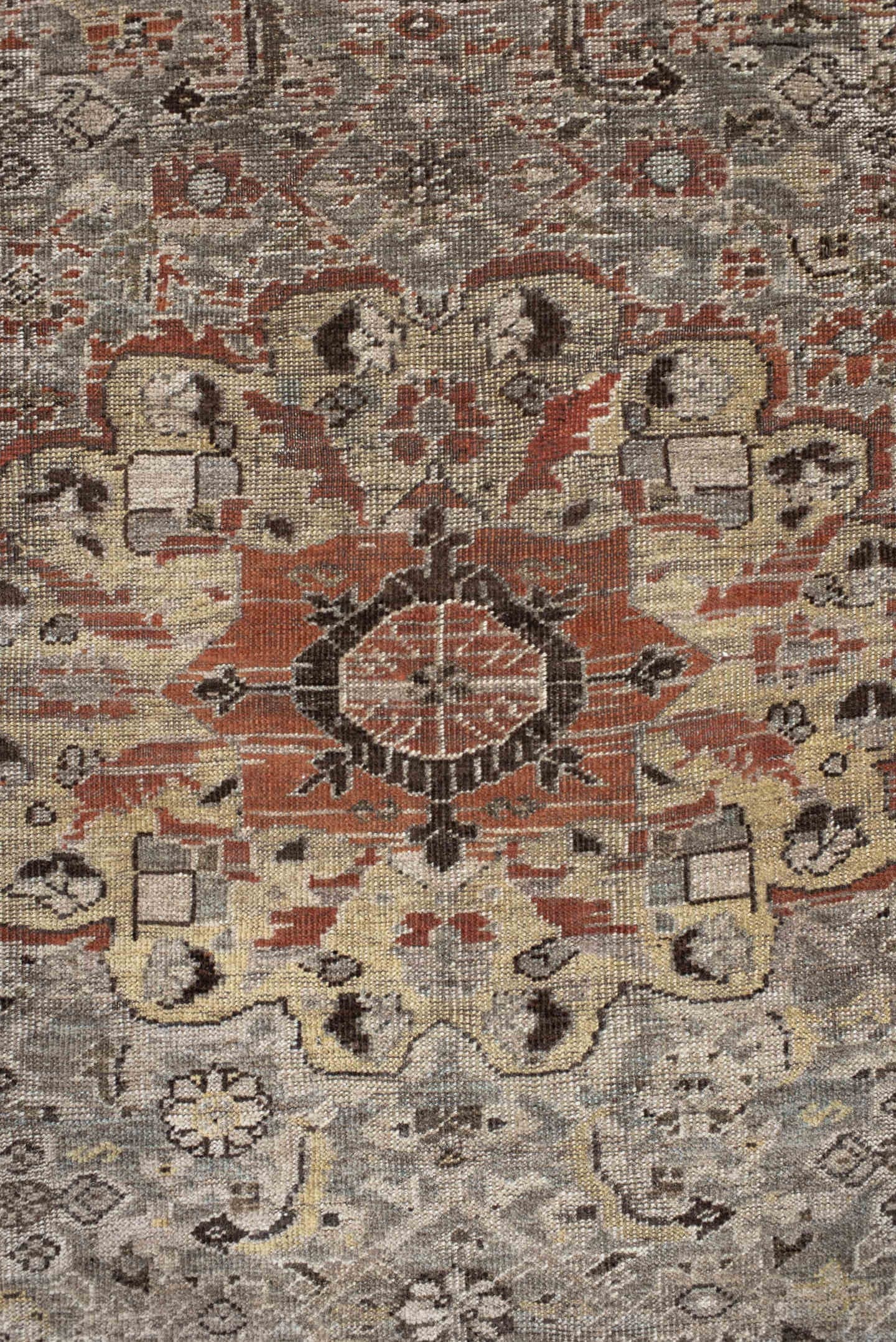 6' x 9' one-of-a-kind handmade antique Shiraz medium size rug. Color palette: taupe, ivory, charcoal, rust, brown, camel