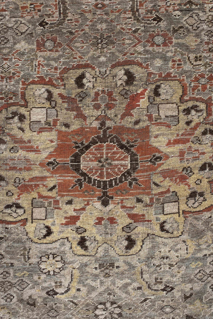 6' x 9' one-of-a-kind handmade antique Shiraz medium size rug. Color palette: taupe, ivory, charcoal, rust, brown, camel