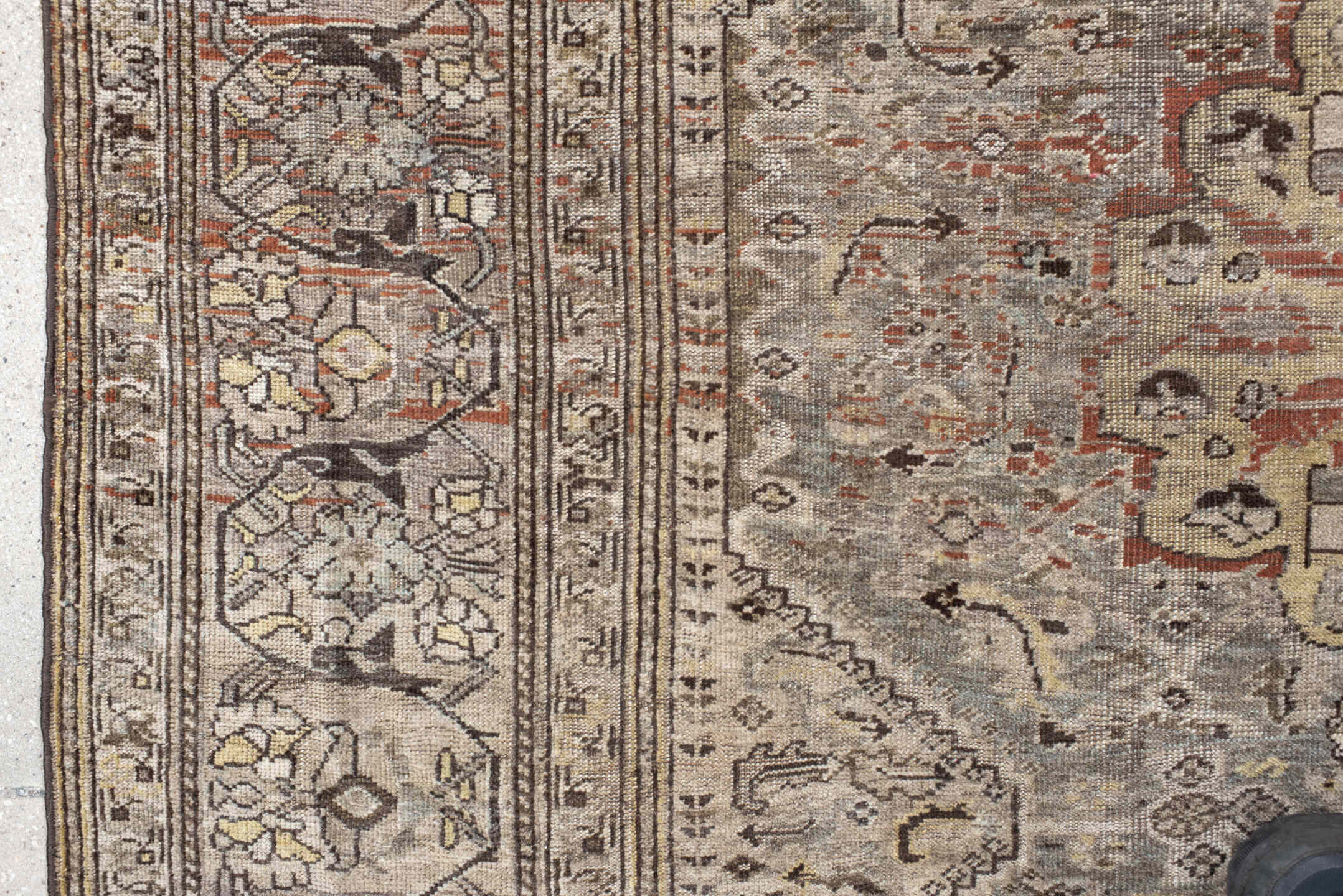 6' x 9' one-of-a-kind handmade antique Shiraz medium size rug. Color palette: taupe, ivory, charcoal, rust, brown, camel