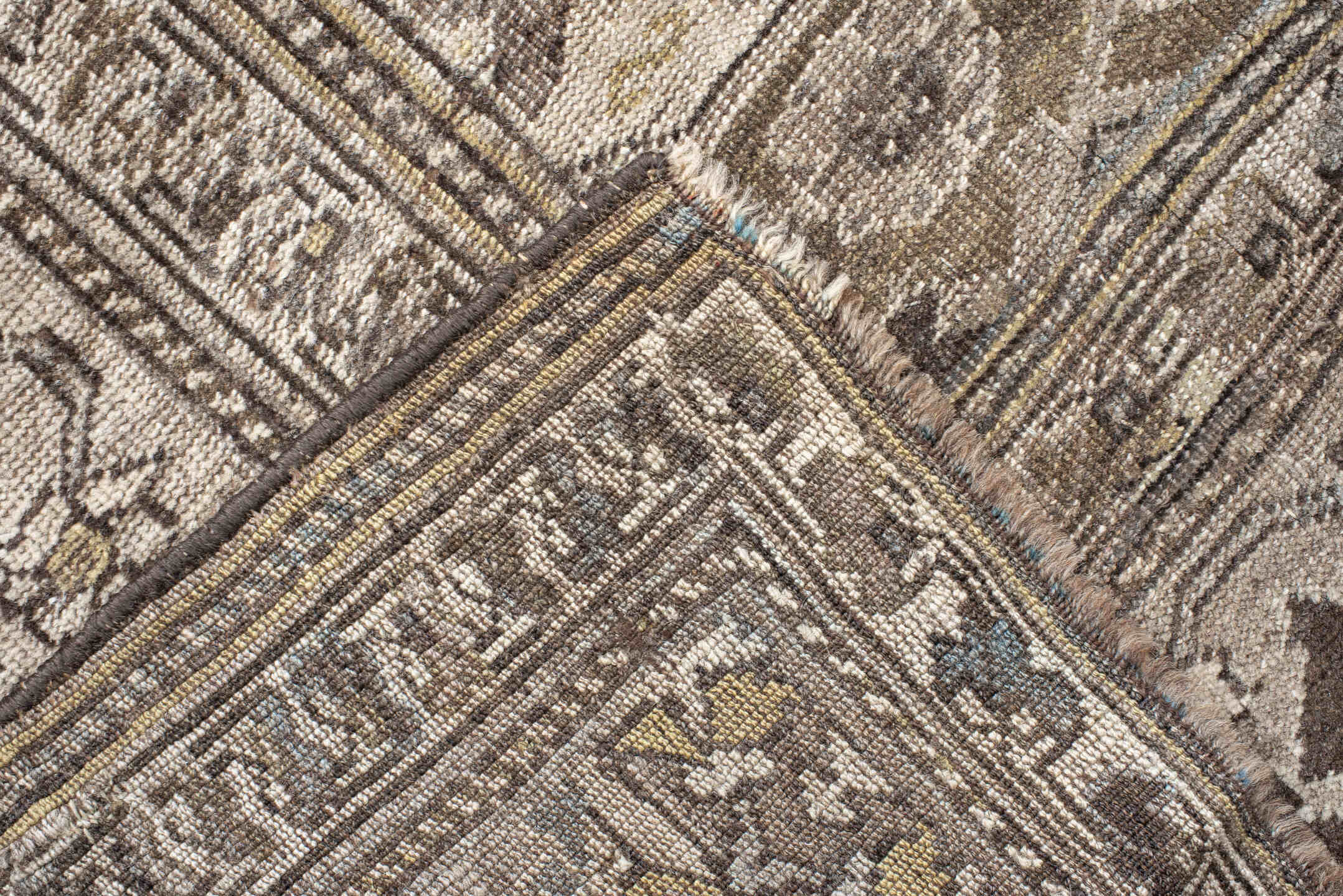 6' x 9' one-of-a-kind handmade antique Shiraz medium size rug. Color palette: taupe, ivory, charcoal, rust, brown, camel