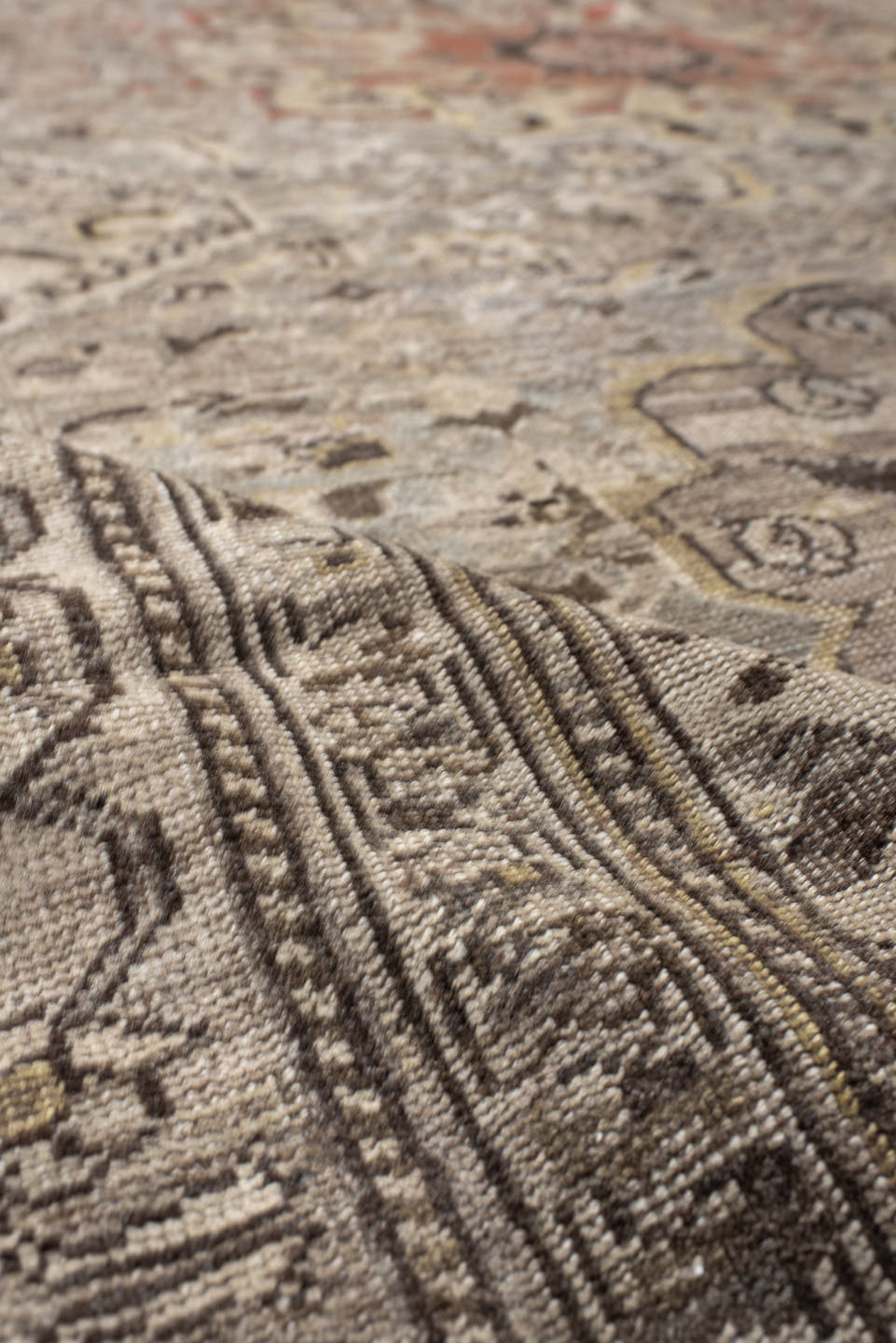 6' x 9' one-of-a-kind handmade antique Shiraz medium size rug. Color palette: taupe, ivory, charcoal, rust, brown, camel