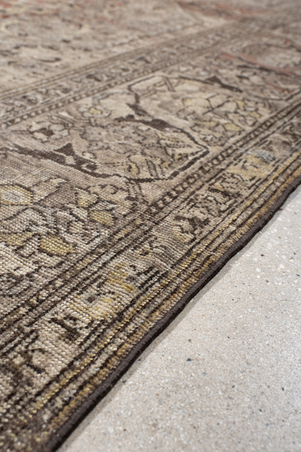 6' x 9' one-of-a-kind handmade antique Shiraz medium size rug. Color palette: taupe, ivory, charcoal, rust, brown, camel