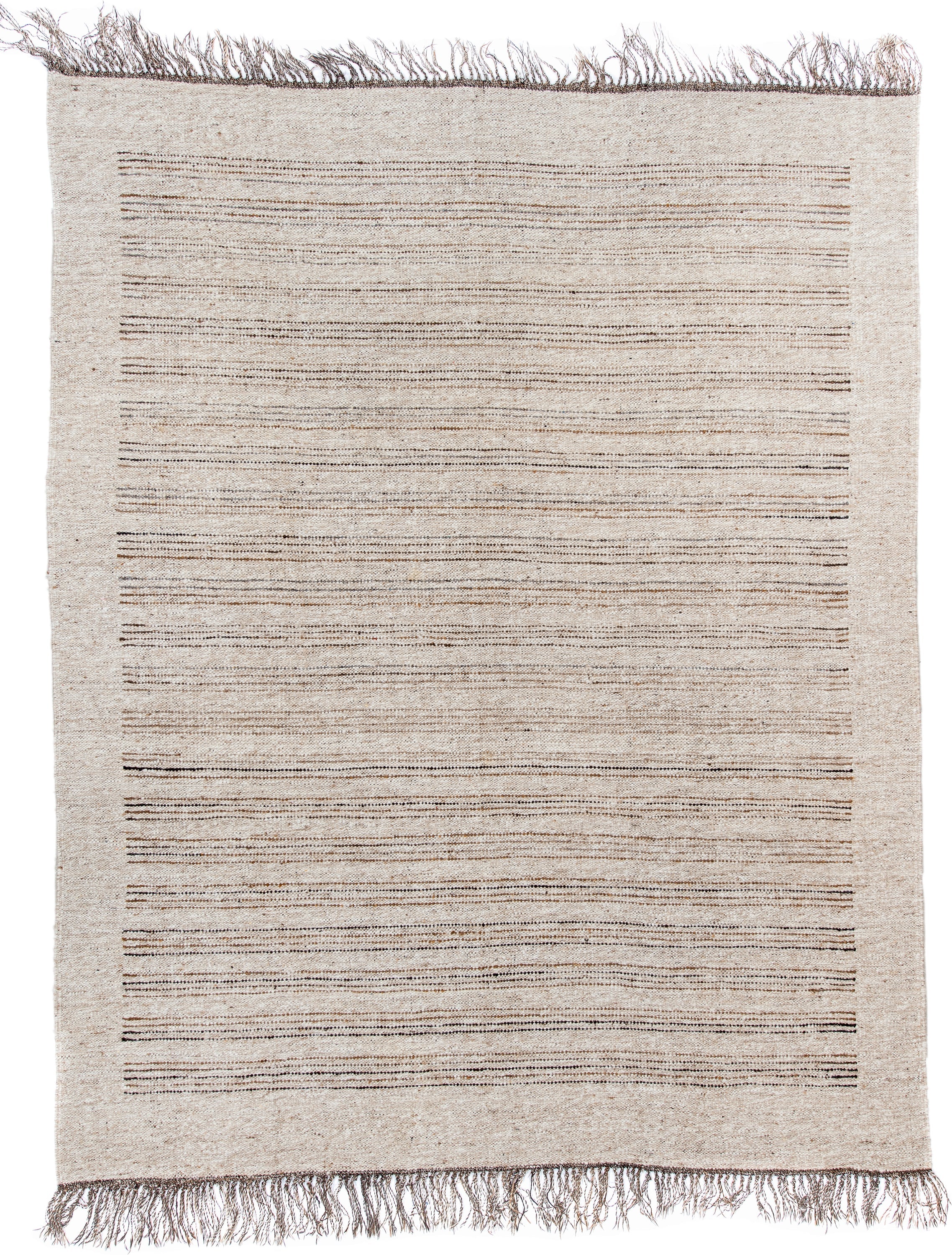 9' x 11' one-of-a-kind handmade vintage Kilim large size rug. Color palette: ivory, taupe, brown, camel, beige, gray