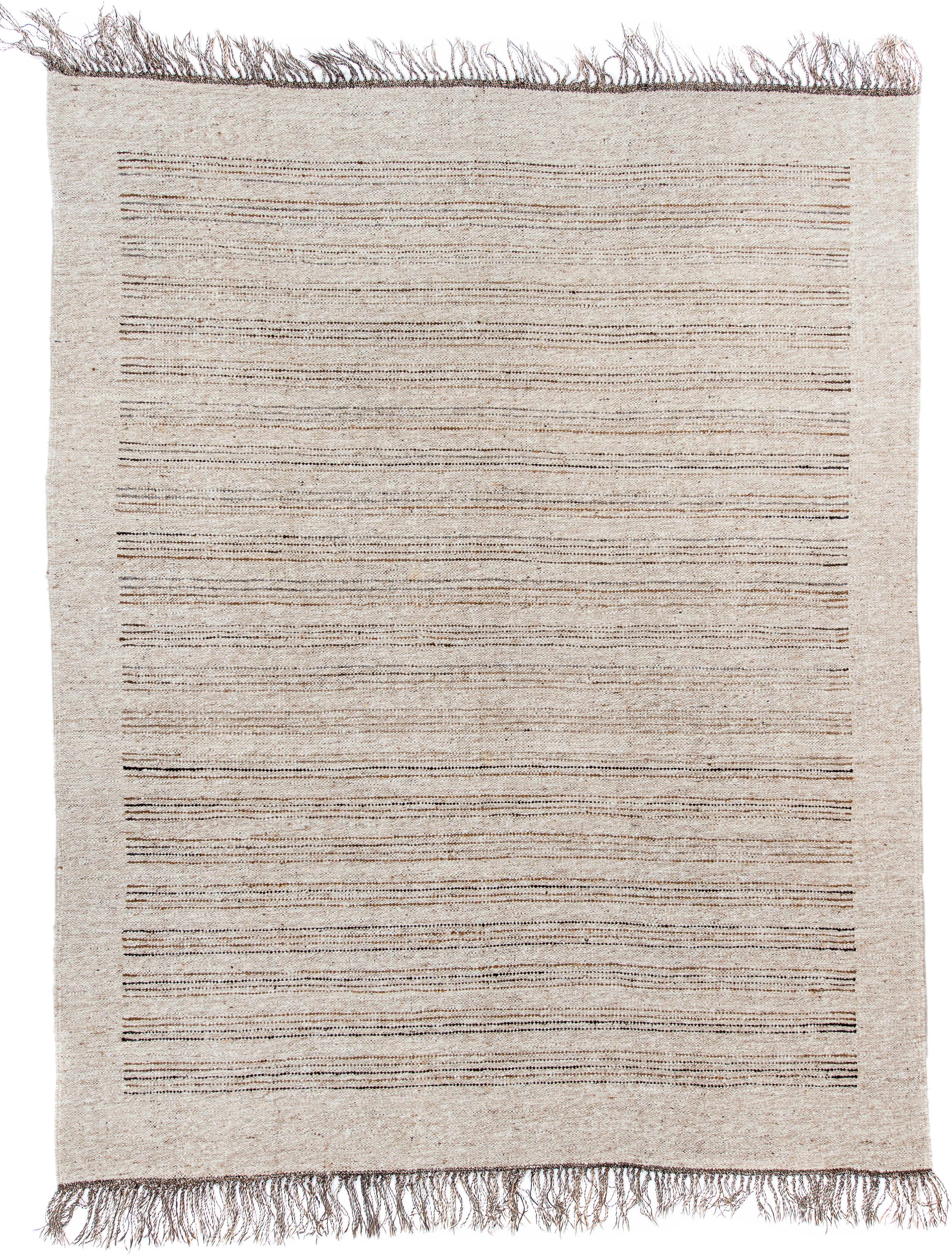 9' x 11' one-of-a-kind handmade vintage Kilim large size rug. Color palette: ivory, taupe, brown, camel, beige, gray